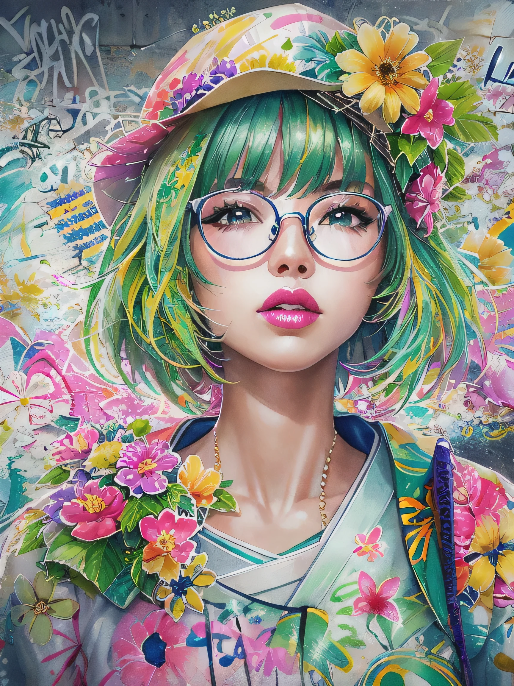 8K quality, watercolor painting, stylish design, (((The strongest beautiful girl of all time))), (((Japanese)))、Idol、clear, stylish glasses, Fashionable hats, (((highest quality))), bob hair, lips in love、, HDR, ((Detailed details)), stylish fashion, detailed clothing texture, (((graffiti art))), colorful hair, ((masterpiece))、((Super detailed))、(((colorful flowers)))