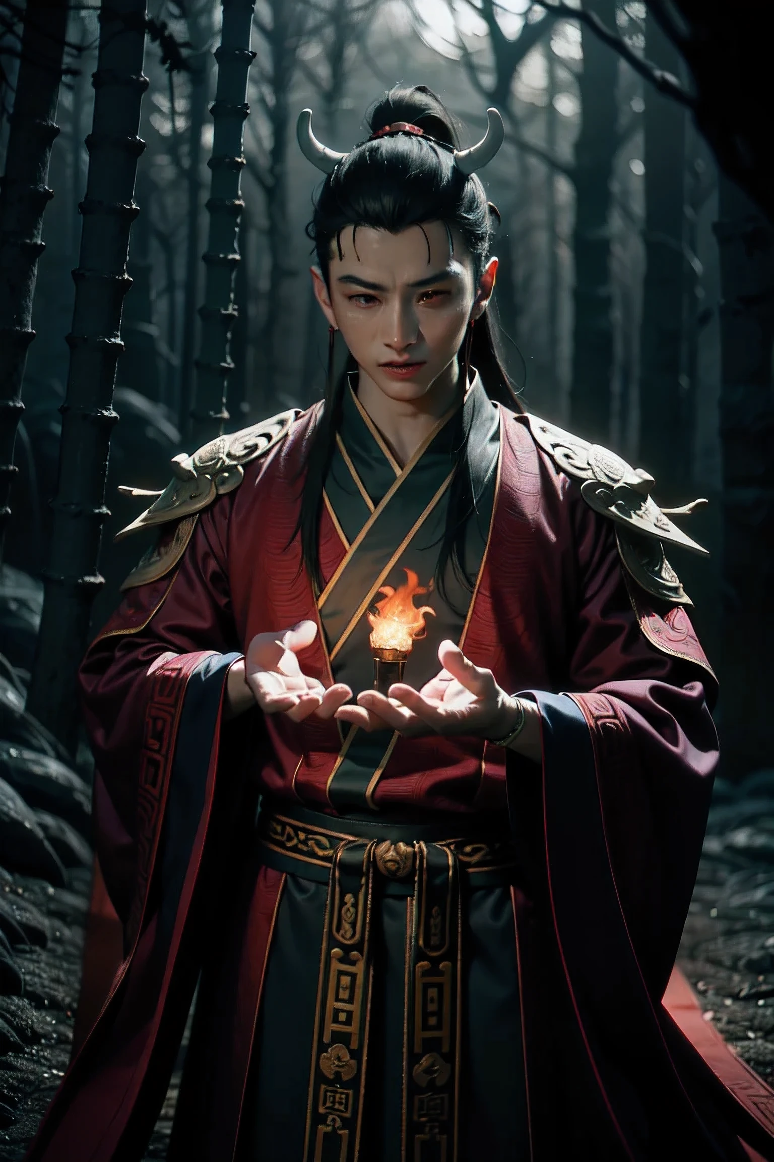 The handsome Chinese demon king chants a fire spell., crimson forest