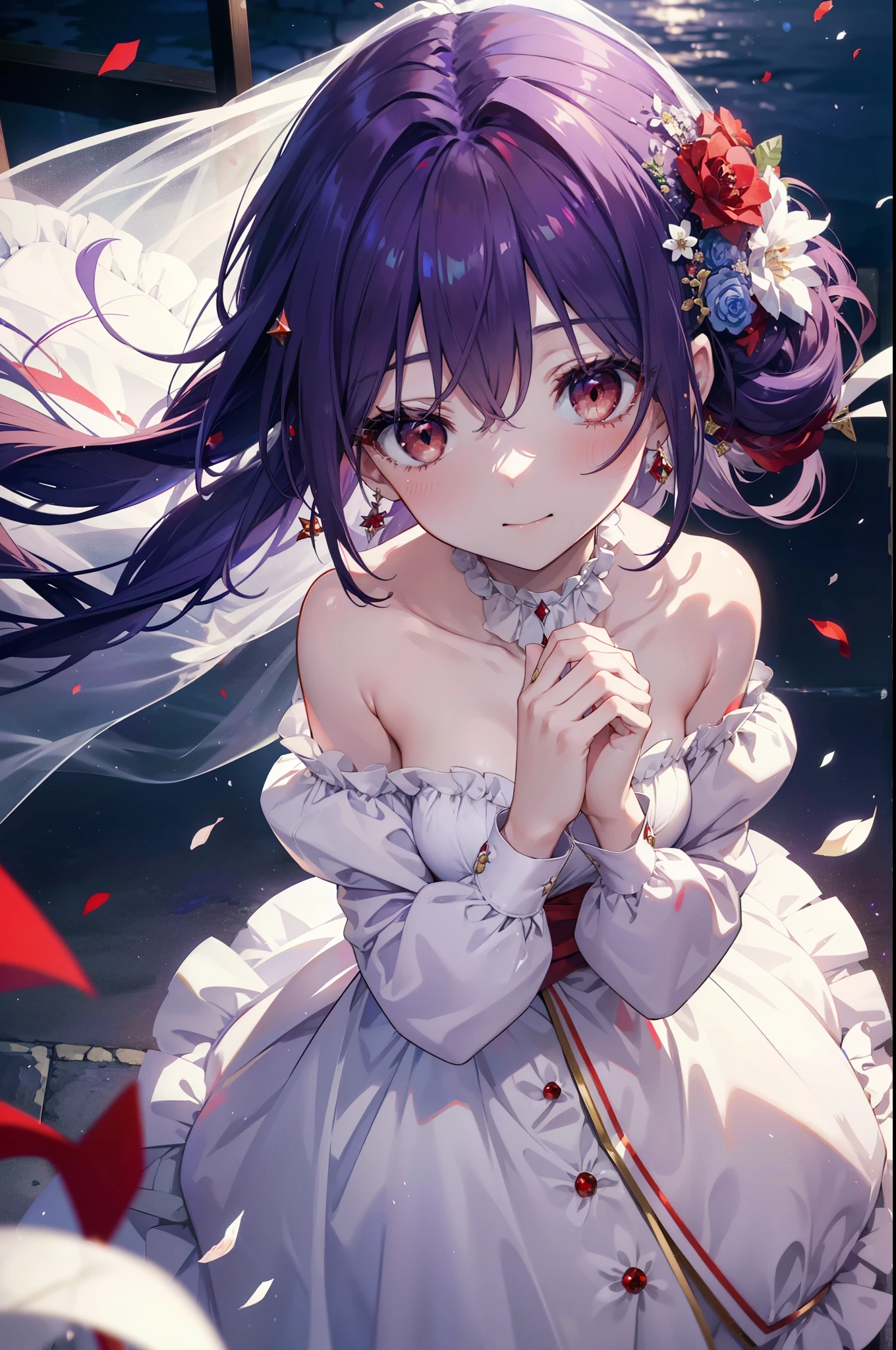 yuukikonno, Yuki Konno, hair band, long hair, pointed ears, purple hair, (red eyes:1.5), (small breasts:1.2), open your mouth,blush,smile,bossy, Wedding dress,veil,Wedding Skirts,bouquet,bouquetトス,He has a large bouquet of flowers in both hands.,looking down from top to bottom,
break looking at viewer, Upper body, full body,
break outdoors, church,chapel,
break (masterpiece:1.2), highest quality, High resolution, unity 8k wallpaper, (figure:0.8), (detailed and beautiful eyes:1.6), highly detailed face, perfect lighting, Very detailed CG, (perfect hands, perfect anatomy),