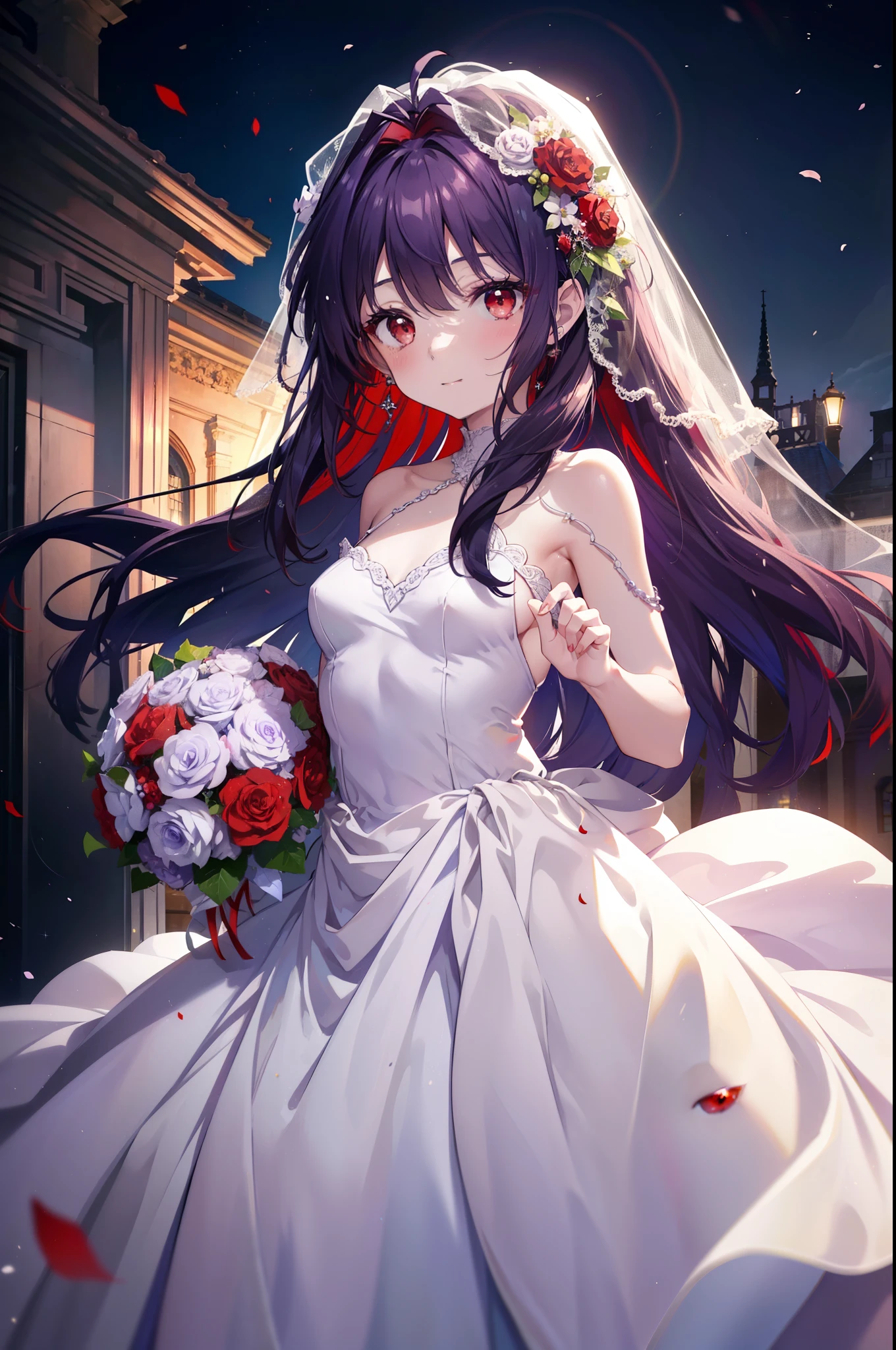 yuukikonno, Yuki Konno, hair band, long hair, pointed ears, purple hair, (red eyes:1.5), (small breasts:1.2), open your mouth,blush,smile,bossy, Wedding dress,veil,Wedding Skirts,bouquet,bouquetトス,He has a large bouquet of flowers in both hands.,looking down from top to bottom,
break looking at viewer, Upper body, full body,
break outdoors, church,chapel,
break (masterpiece:1.2), highest quality, High resolution, unity 8k wallpaper, (figure:0.8), (detailed and beautiful eyes:1.6), highly detailed face, perfect lighting, Very detailed CG, (perfect hands, perfect anatomy),