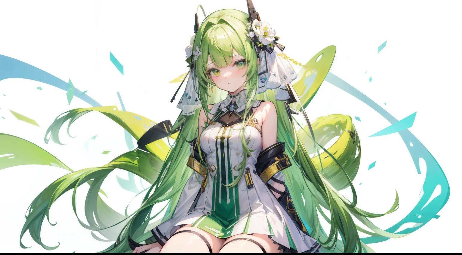 anime girl with long hair and a white dress sitting on a green and white striped background, fine details. anime. tentacles, anime goddess, from girls frontline, cushart krenz key art feminine, android heroine, fine details. girls frontline, anime monster girl, hq artwork, lamia, sh, girls frontline cg, official anime artwork