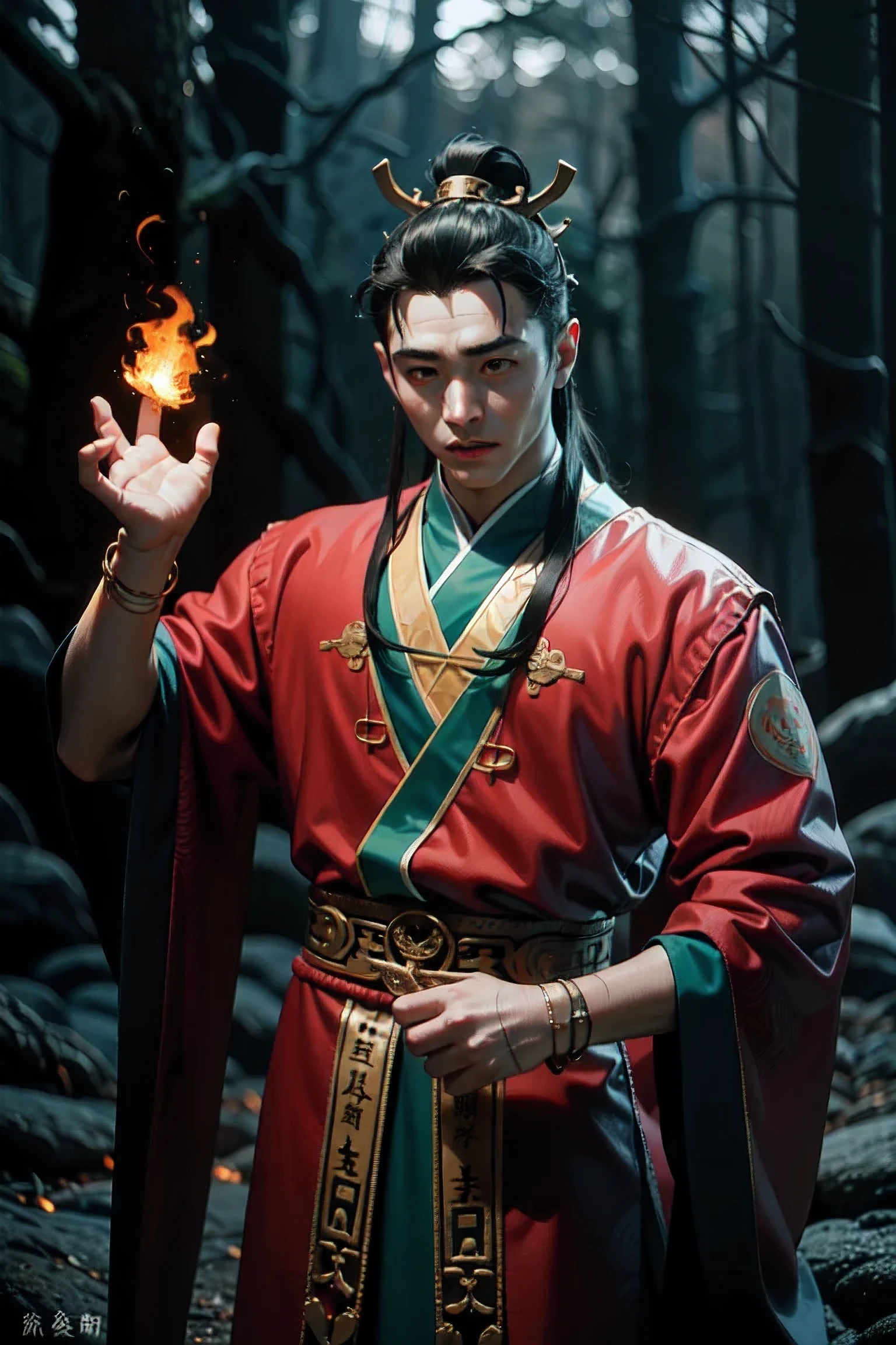 The handsome Chinese demon king chants a fire spell., crimson forest