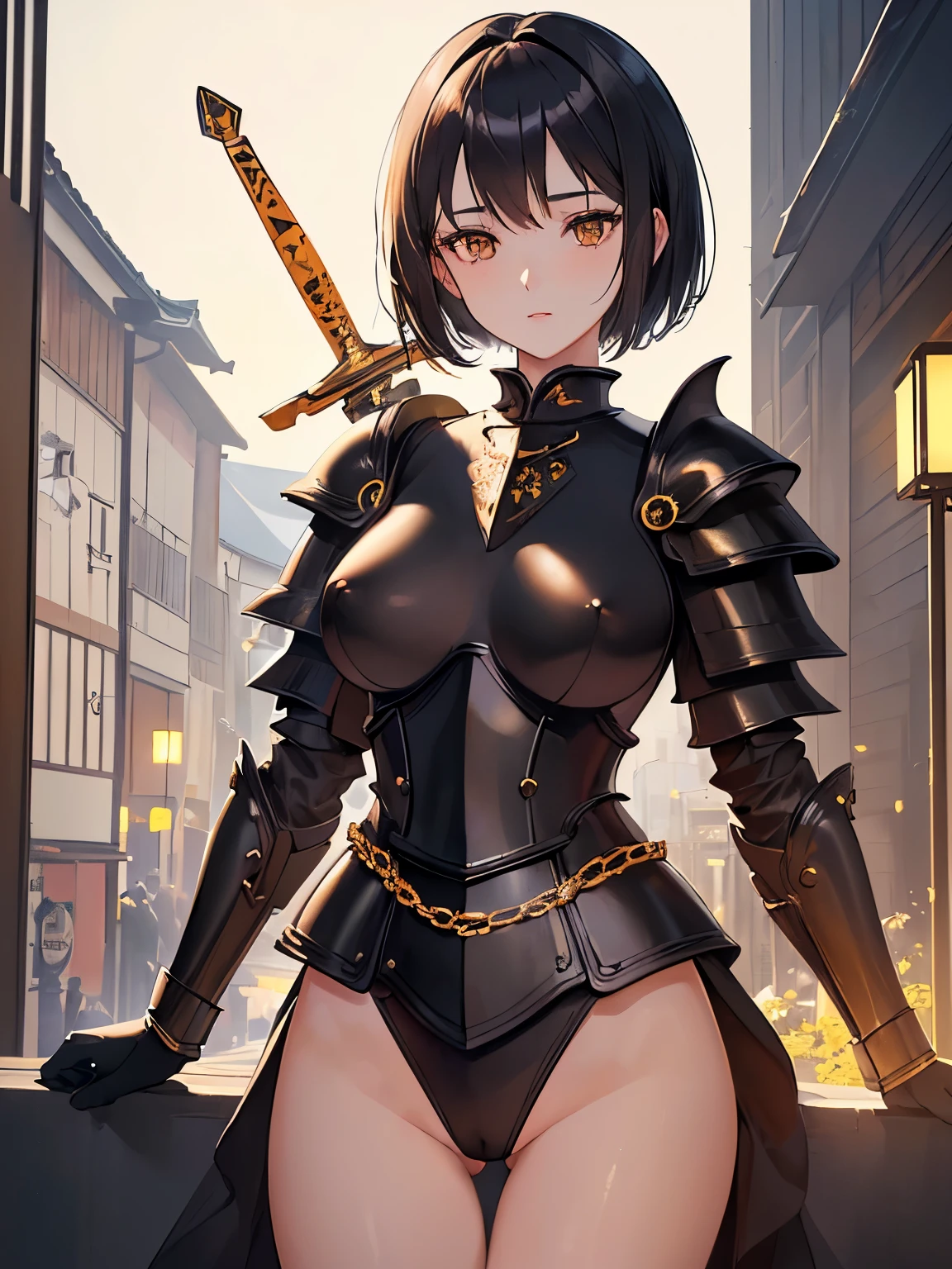 NSFW(((masterpiece))), (((Best Quality))), ((Ultra-detailed)), (extremely detailed photo), ((extremely delicate and beautiful)),(Cute delicate face),(A 25 years old dignified girl),(amber and black armor:1.4), (A town like Kyoto) ,solo,short hair, black hair and gray eyes,looking at viewer, (holding glowing sword), double eyelid,delicate skin,slender body shape,