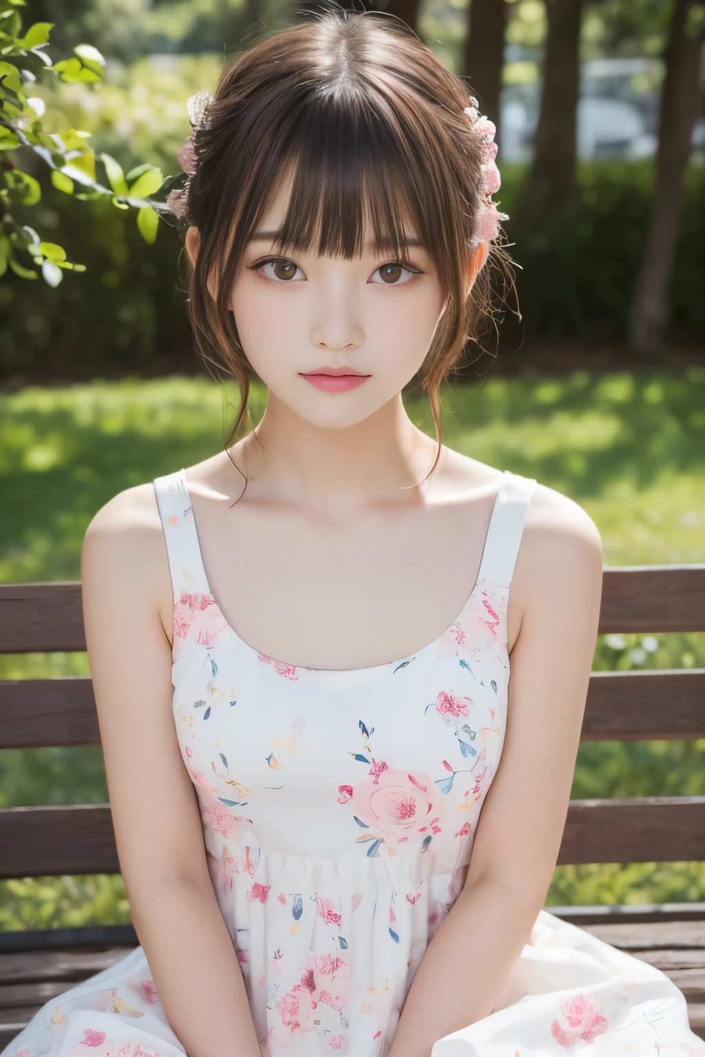 masterpiece, highest quality, one girl, (beautiful girl, delicate girl:1.3), (15 years old:1.3), Extremely high quality transparency, (symmetrical eyes:1.3), (lush park), (white and pink floral dress:1.3), small breasts, brown eyes, parted bangs, brown hair, young girl, (Eye and face details:1.0)