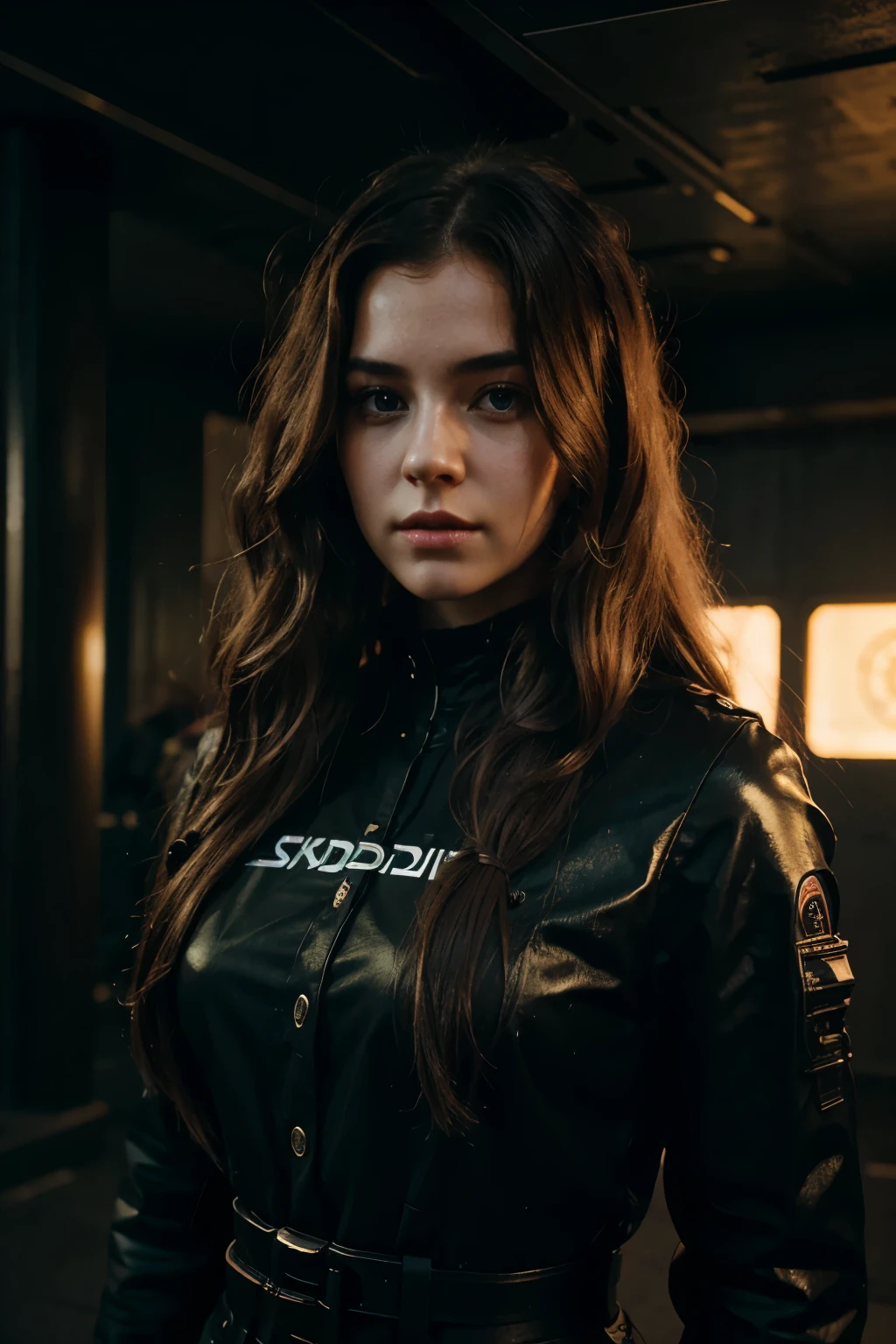 android girl in cyberpunk style with thick wavy hair, with a button on the temple of Scandinavian appearance