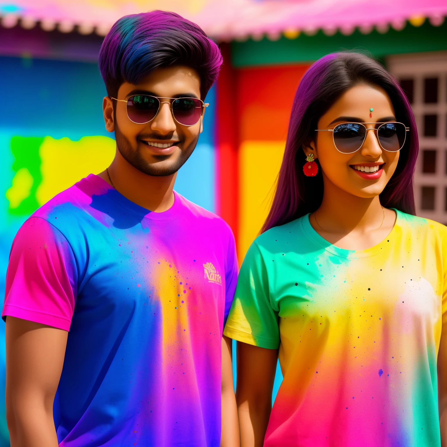 Create a photorealistic 3D image of a 20-year-old man and his girlfriend, both dressed in T-shirts bearing the names "ANSH" and "VINITA" in large, bold black letters across their chests. The T-shirts are adorned with splatters of vibrant Holi festival colors, adding a lively and festive atmosphere to the scene. The man's T-shirt is splashed with shades of red, blue, and green, while the woman's is adorned with hues of pink, yellow, and orange. The background evokes the lively and joyful spirit of the Holi celebrations, with a rich