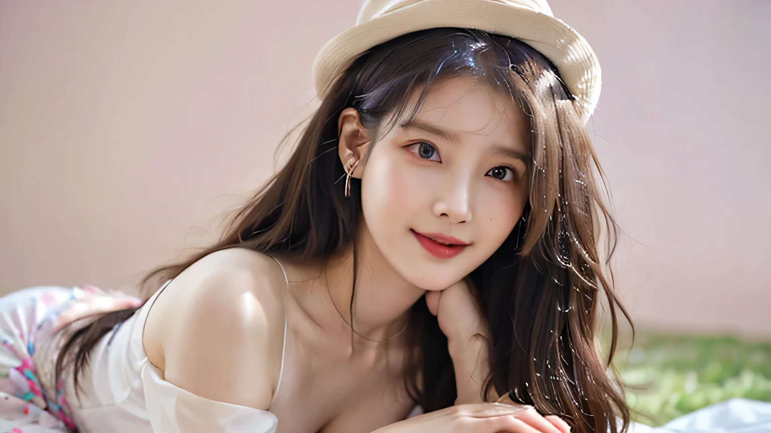 (Highest quality, 8K, Masterpiece), (Best Illustration), Very delicate and beautiful, Very detailed, CG, Unity, Amazingly fine detail, 超高分辨率, Highly detailed eyes and face, Superbly detailed eyes, (fluffy black eyes: 1.21), (Best shadows: 1.1), (Photorealistic: 1.1), Realistic face proportions, (Makeup: 0.4), Handsome woman, Solo, (( Big breasts)), (Deep cleavage), (Slim figure), smiling at viewer, (cropped shoulders: 1.5)), Wet skin, Dark brown hair, Earrings, (cowboy lens: 1.3), (irregular skin imperfections, venat, Skin Wrinkles: pores: 1.1), (woods: 1.3), (Bokeh: 1.4)
