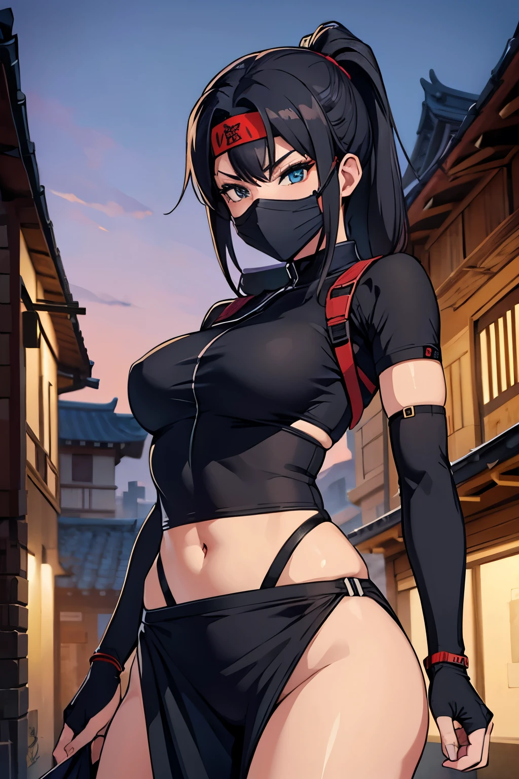 female 1, ninja outfit, ninja mask, sexy, (ancient city background)