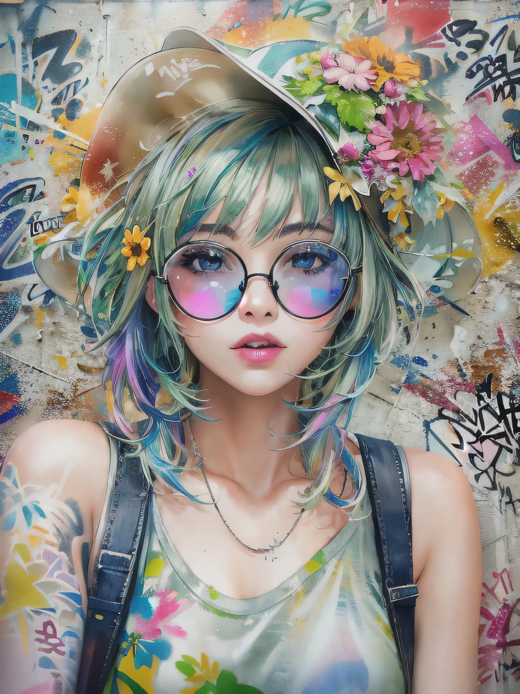 8K quality, watercolor painting, stylish design, (((The strongest beautiful girl of all time))), (((Japanese)))、Idol、clear, stylish glasses, Fashionable hats, (((highest quality))), bob hair, put your hand on the wall, HDR, ((Detailed details)), stylish fashion, detailed clothing texture, (((graffiti art))), colorful hair, ((masterpiece))、((Super detailed))、colorful flowers、No bra、No panties