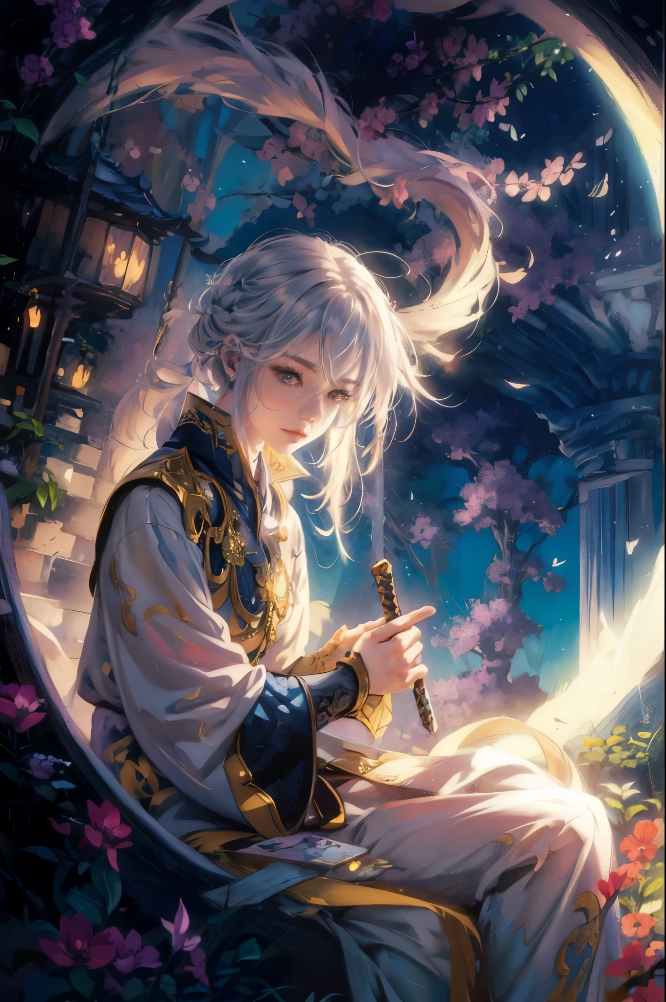 a woman sitting on a swing with a sword in her hand, anime fantasy artwork, guweiz, anime fantasy illustration, beautiful fantasy anime, artwork in the style of guweiz, beautiful anime artwork, beautiful anime art, beautiful anime portrait, by Yang J, anime art wallpaper 4 k, anime art wallpaper 4k, anime art wallpaper 8 k, beautiful character painting