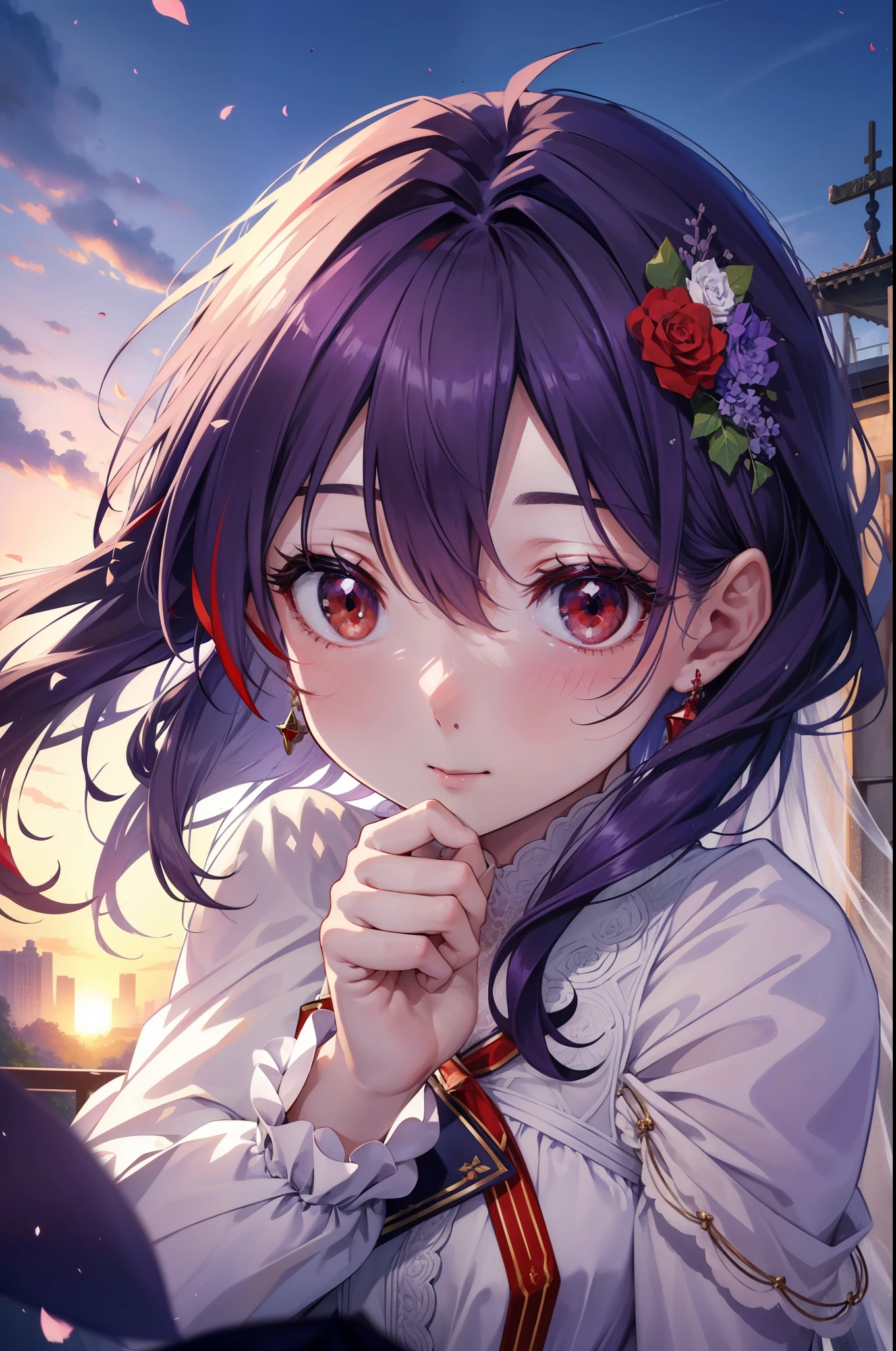 yuukikonno, Yuki Konno, hair band, long hair, pointed ears, purple hair, (red eyes:1.5), (small breasts:1.2), open your mouth,blush,smile,bossy, Wedding dress,veil,Wedding Skirts,bouquet,bouquetトス,He has a large bouquet of flowers in both hands.,looking down from top to bottom,
break looking at viewer, Upper body, full body,
break outdoors, church,chapel,
break (masterpiece:1.2), highest quality, High resolution, unity 8k wallpaper, (figure:0.8), (detailed and beautiful eyes:1.6), highly detailed face, perfect lighting, Very detailed CG, (perfect hands, perfect anatomy),