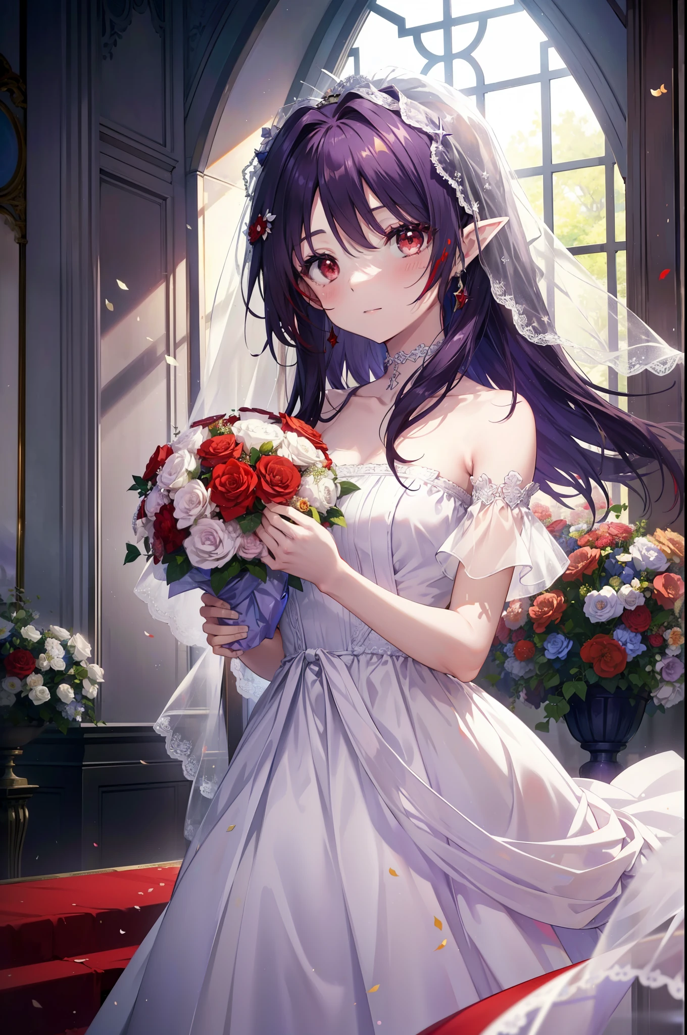 yuukikonno, Yuki Konno, hair band, long hair, pointed ears, purple hair, (red eyes:1.5), (small breasts:1.2), open your mouth,blush,smile,bossy, Wedding dress,veil,Wedding Skirts,bouquet,bouquetトス,He has a large bouquet of flowers in both hands.,looking down from top to bottom,
break looking at viewer, Upper body, full body,
break outdoors, church,chapel,
break (masterpiece:1.2), highest quality, High resolution, unity 8k wallpaper, (figure:0.8), (detailed and beautiful eyes:1.6), highly detailed face, perfect lighting, Very detailed CG, (perfect hands, perfect anatomy),