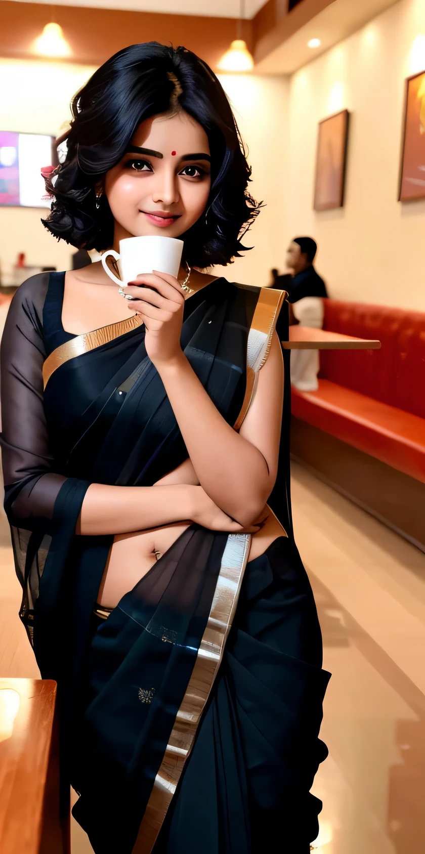 Super delicate cute indian girl wearing a saree with black hair. 8K ultra-high image quality, delicate texture, siting in cafe with cup of coffee in hand.