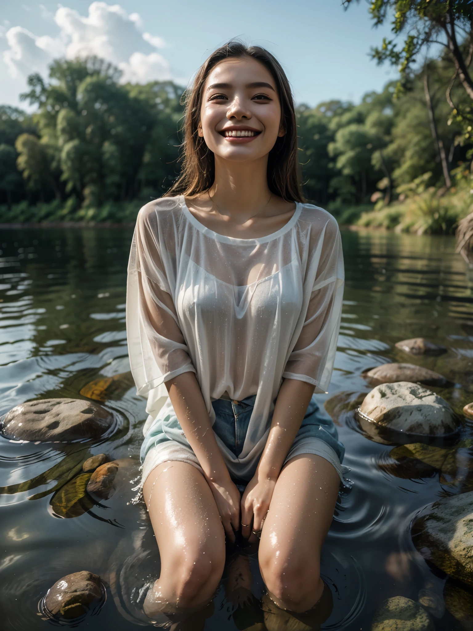 A beautiful woman with no bra, laughing cheerfully while sitting under the rain, with water flowing around it, wearing a wet white t-shirt. The scene captures a sense of freedom and happiness, steep rock background, 8K UHD picture, Realistic