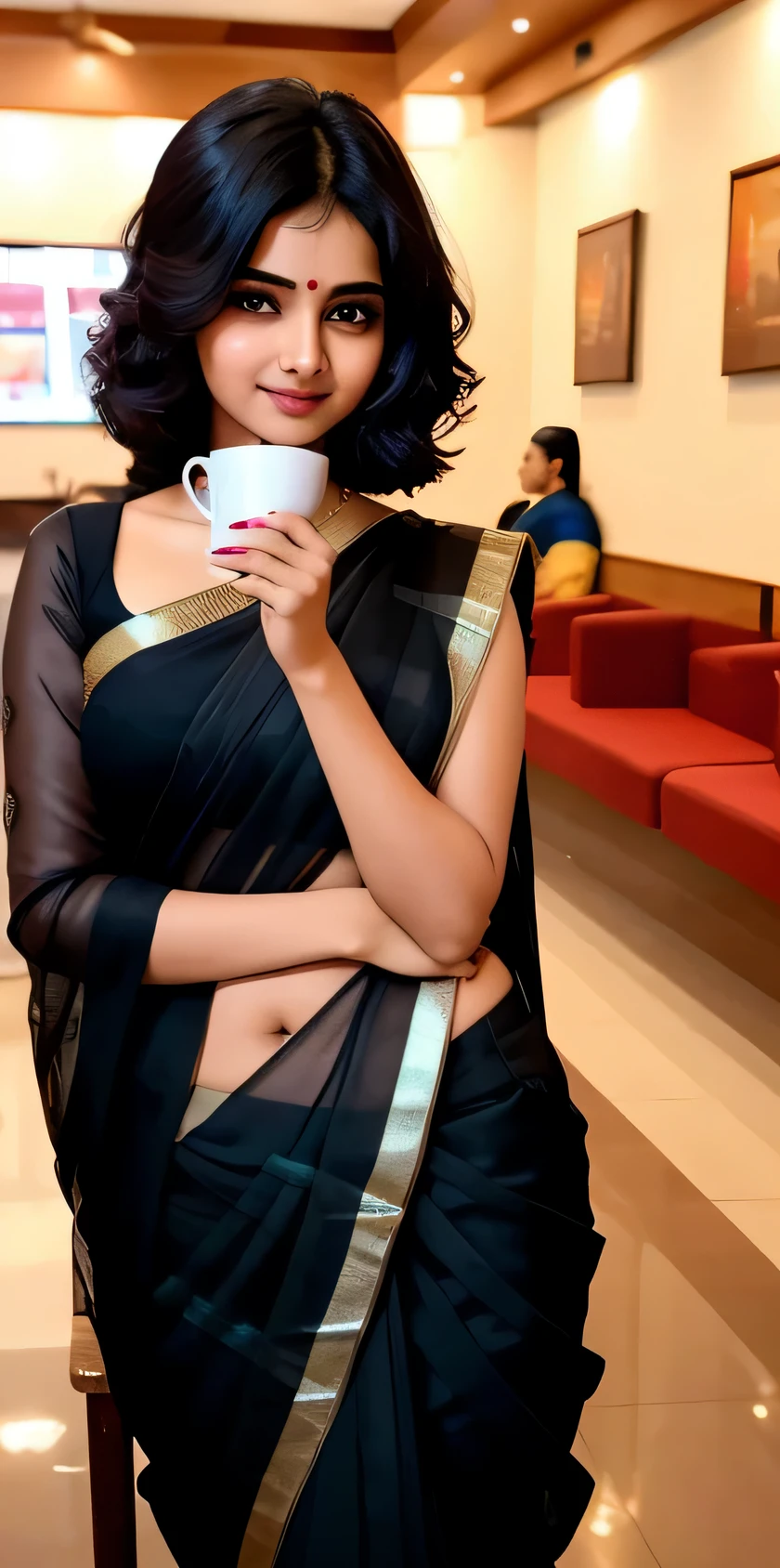 Super delicate cute indian girl wearing a saree with black hair. 8K ultra-high image quality, delicate texture, siting in cafe with cup of coffee in hand.