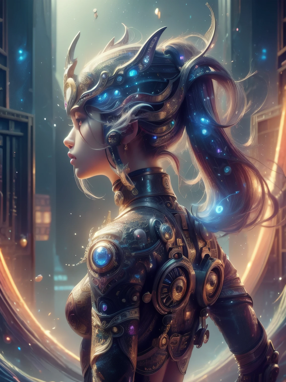 (high quality), (masterpiece), (detailed), 8K, Hyper-realistic portrayal of a futuristic (1girl1.2), Japanese character embodying the mystique of a jinn. Meticulous details capture the enigmatic essence of this otherworldly being in a visually stunning composition. Trending on Artstation.