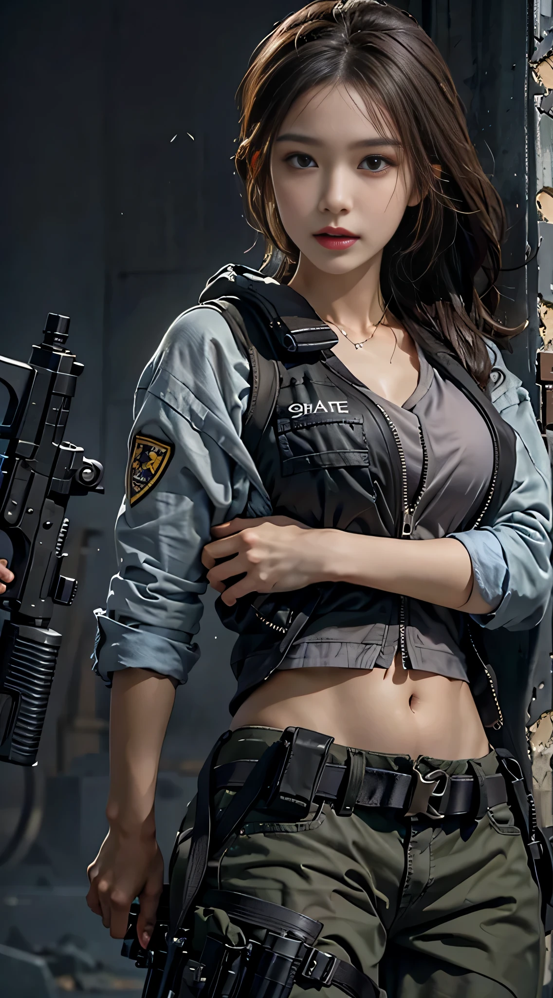 Photorealistic, High resolution, 1womanl, Solo, Sexy, hips up high, view the viewer, (Detailed face), SWAT Vest, gun, Jewelry,