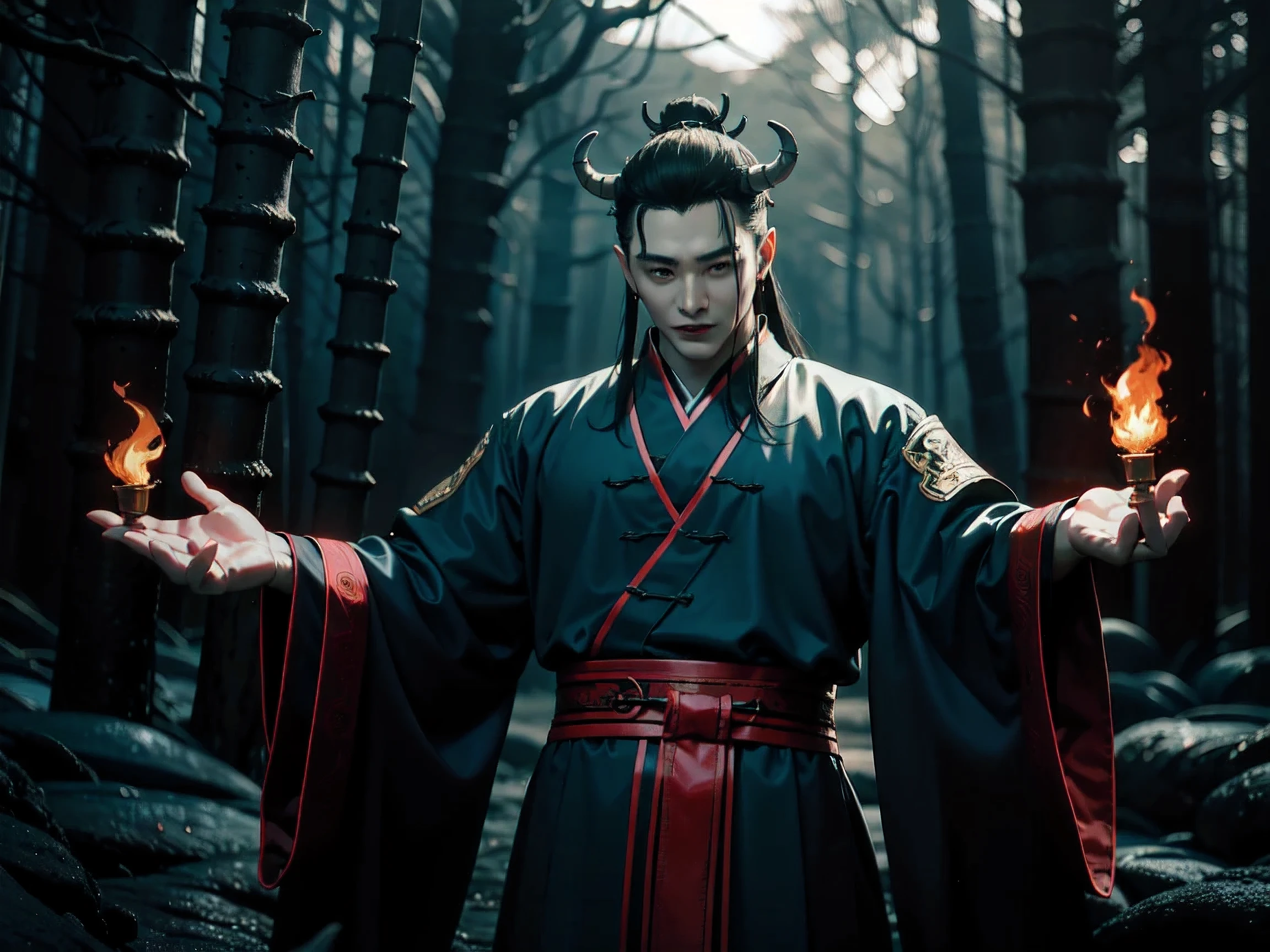 The handsome Chinese demon king chants a fire spell., crimson forest