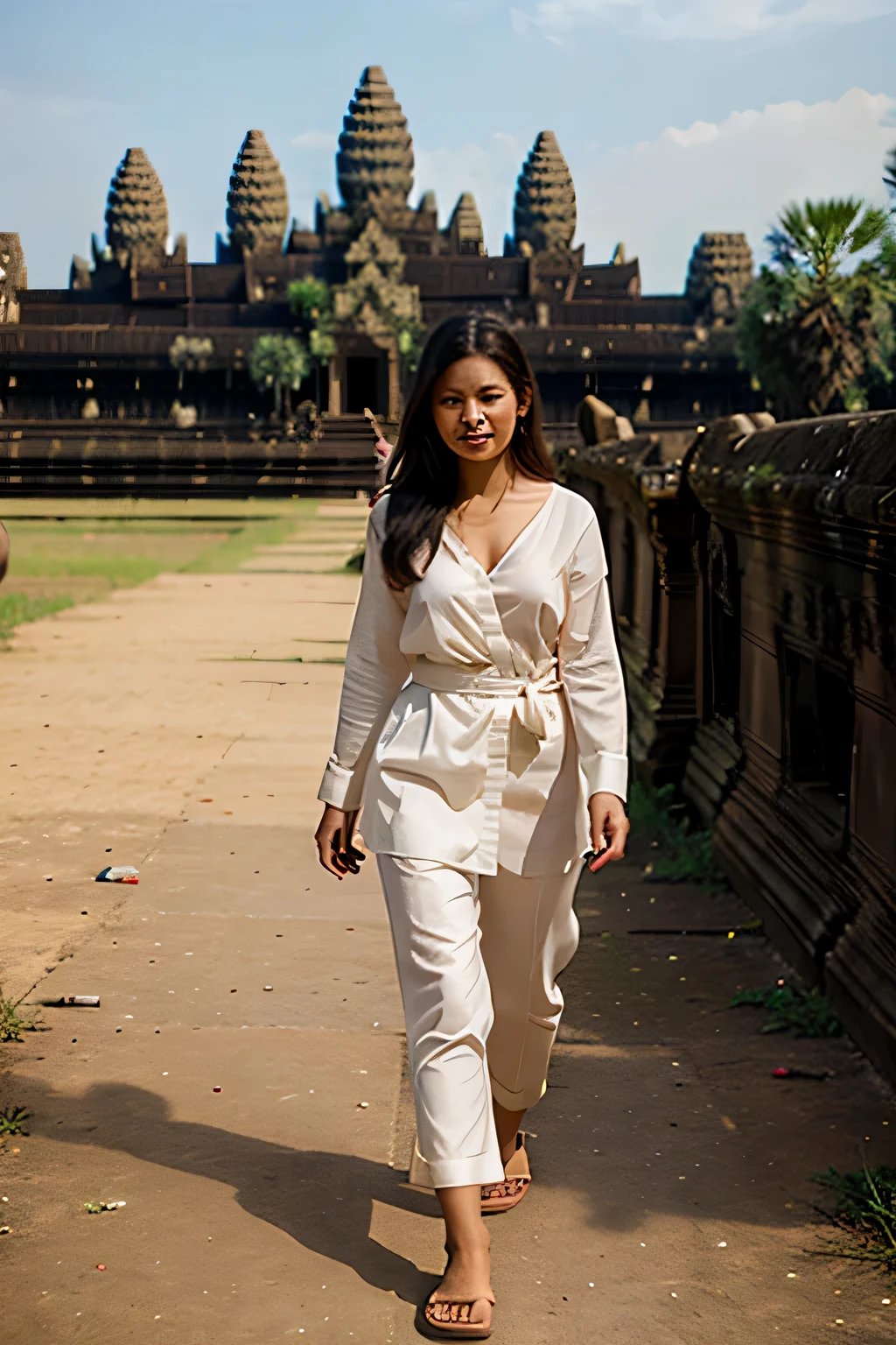 A beautiful woman walks in front of Angkor Wat in slippers
