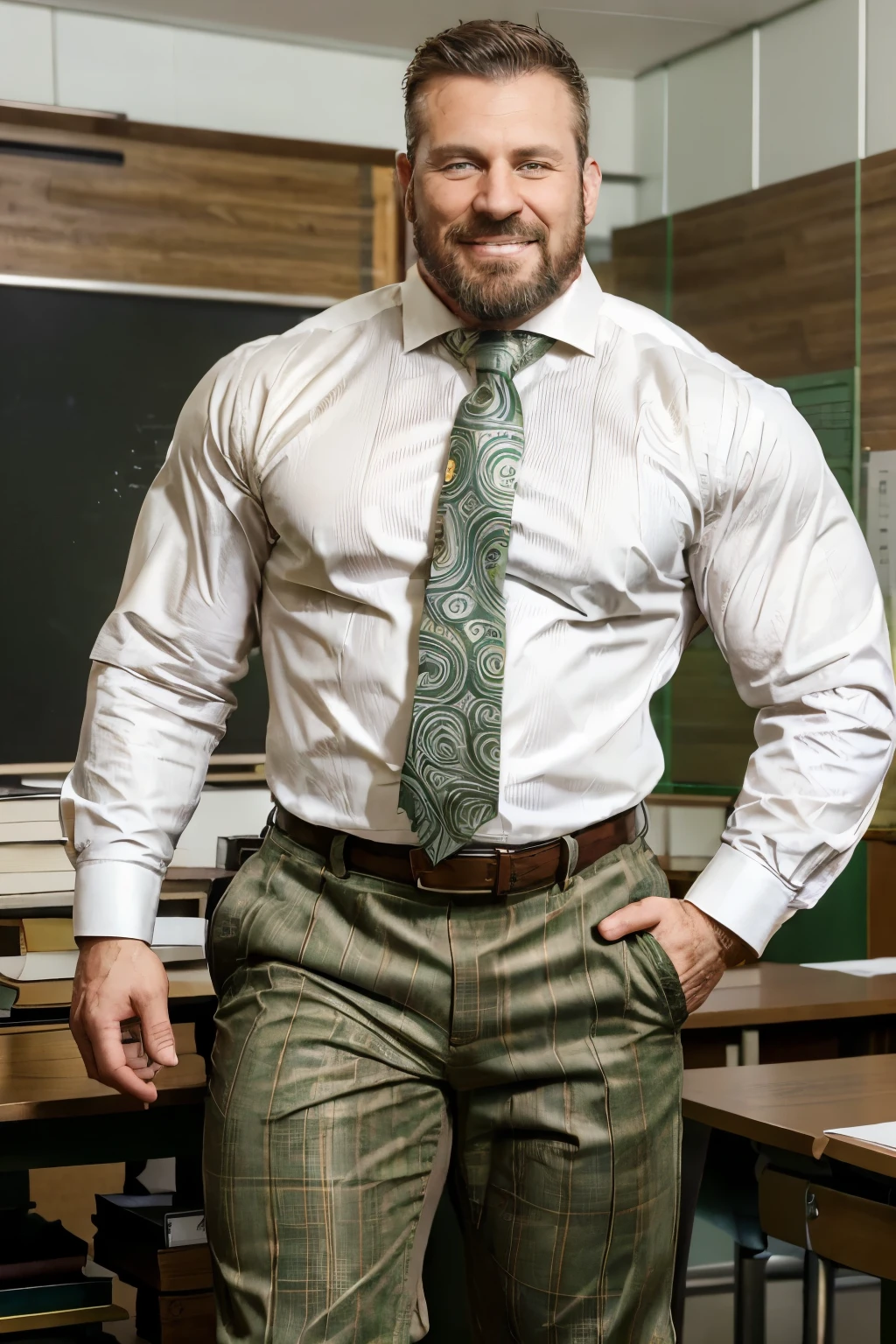 1man picture of a handsome teacher, light brown hair, beard, 40 year old, shirt and tie, tight white shirt, green paisly tie, rolled up sleeves, long sleeves, formal shirt, muscular, big pectorals, tight plaid pants, brown plaid trousers, leather belt, bulge, smiling at camera, big muscles, standing in classroom