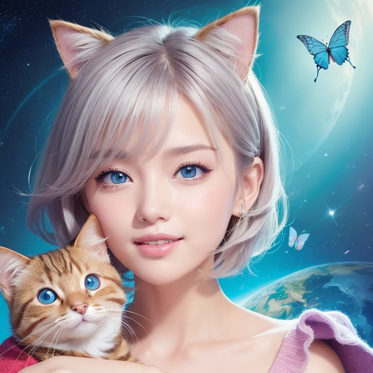 write、Face Close-up、Face Zoom、Super masterpiece、vivd colour、colourfull、One woman's face and a laughing cat next to it、((Cute cat in clothes)),Anthropomorphic representation, Rich colors, exquisitedetailasutepiece,Best Quality:1.5), (Butterfly exquisite CG), (High resolution:1.5)、(round and large eyes)(Smile with the corners of your mouth raised、Open your mouth a little、lipgloss)、(short silver hair、fluffy hair)、(the background is the universe、shine)、