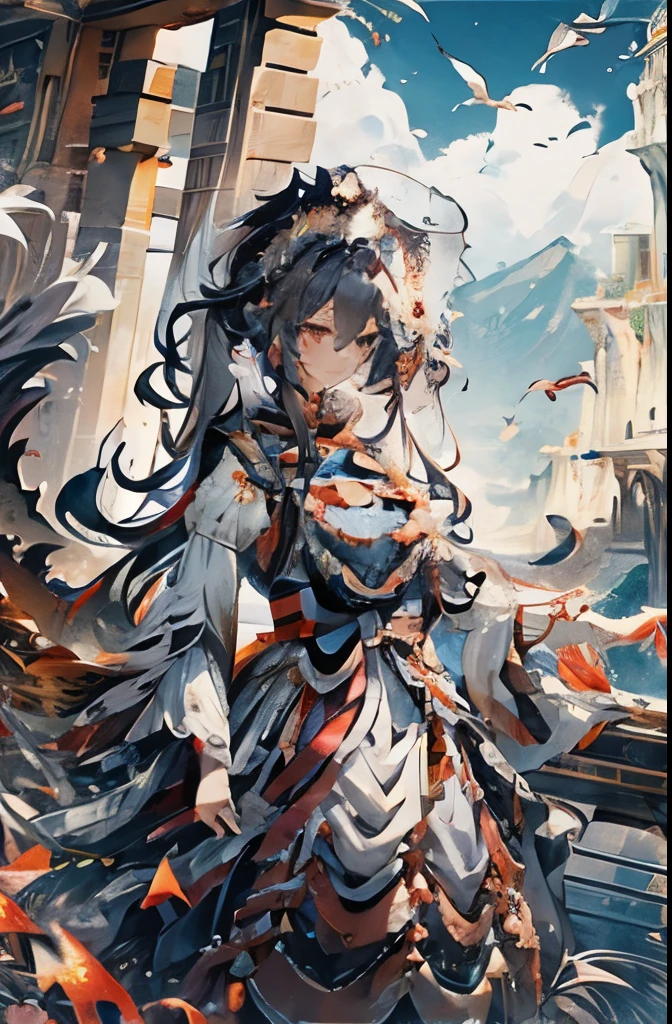girl、female swordsman、Drawing of a rooster with a long tail and a big tail,  Metal, mysterious creature, mythical creatures, Dragonization, dragon bird art,  phoenix artwork, imaginary creature, rooster king, with big wings, 