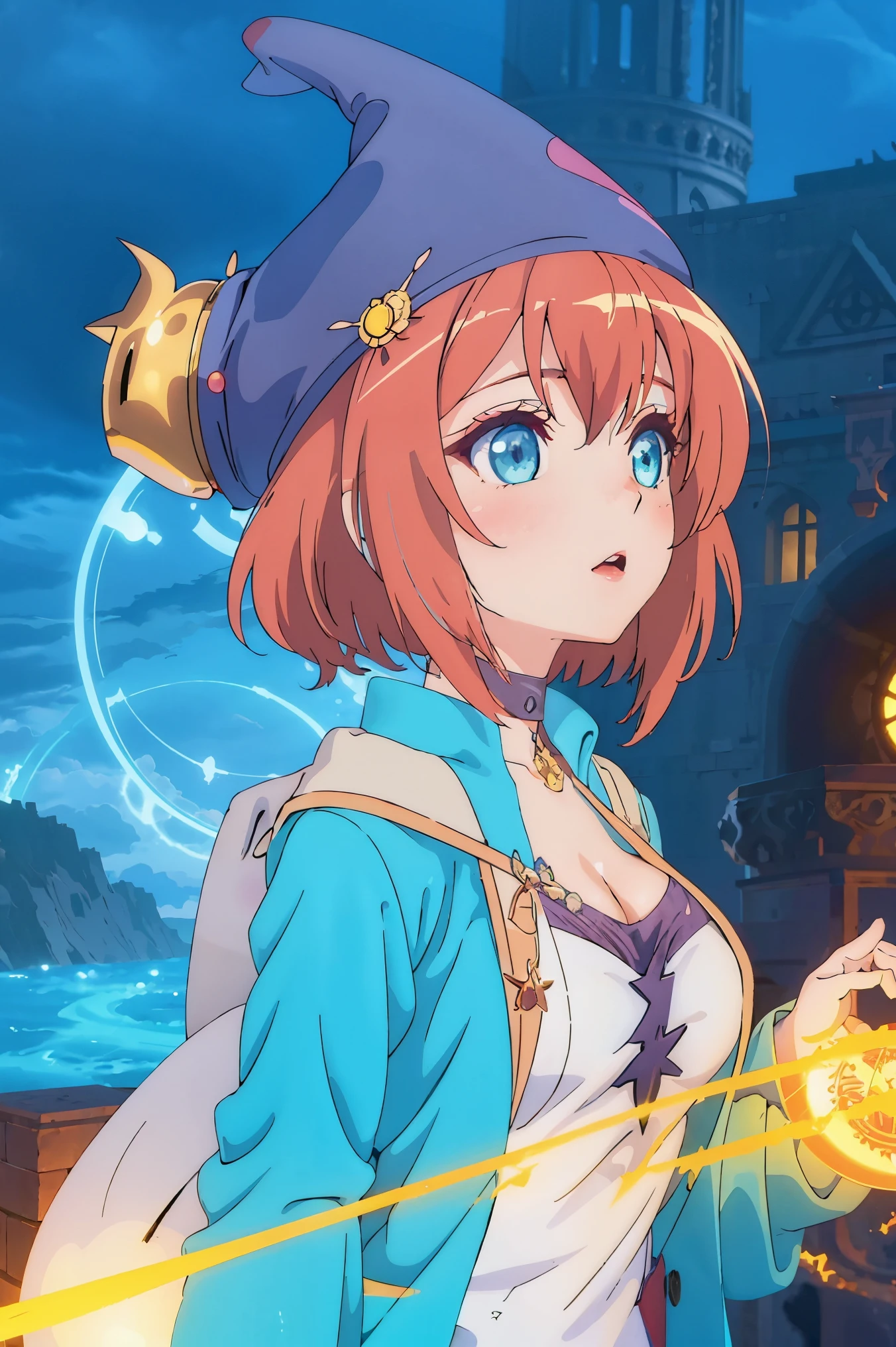 (colorful:1.3), (Orderly, best composition)
(Upper body close-up:1.25), (from side), (1 girl:1.2), ((Dark Magician Girl:0.8)+(Kirisame Marisa:0.8)), (long yellow hair), (blue eyes), (Magic hat+Witch hat), (Lace, folds)
(cute face), (cleavage), dynamic angle, Oily skin
BREAK
glowing ((Magic circle+Concentric circles+clock)<(floating(Babel Tower+Magic city+London+Constantinople))background:1.25), (Alps mountains and Yggdrasill), imagination, (fog)
(melting, flowing:1.3), (lightning:1.25), (ice:1.2), (crystal:1.25), (aurora flame:1.2), (butterflies:1.2), (Red roses (galaxy, sea, vortex))
(detailed light), (an extremely delicate and beautiful), volume light, best shadow, flash, Depth of field, (Medieval)

