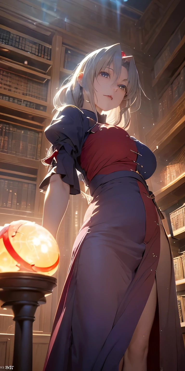 (masterpiece, best quality:1.3), (from below:1.3), Yagokoro Eirin, Touhou Series, perfect face, expressive eyes, 1woman, looking at viewer, 38 years old, gorgeous body, big breast, beautiful, anime, lora,1woman, silver hair, braid hair, nurse cap, red and blue clothes, long skirt, (evil look:1.5), (cinematic lighting, realistic, dream-like, enchanting atmosphere:1.5), (photo of a woman in her dark and mysterious environment:1.3), (the woman surrounded by an aura of mystery and intrigue:1.3), (in the middle of a massive modern library in the style of Tianjin Library:1.3), (candles flickering, casting dancing shadows around the room:1.3), (the dim lighting adding to the ambiance of secrecy and mysticism:1.3), (a crystal ball nearby, adding to the mystical setting:1.3), (symbols of astrology and esoteric knowledge decorating the room:1.3), (a hint of incense in the air, adding to the sensory experience:1.3),