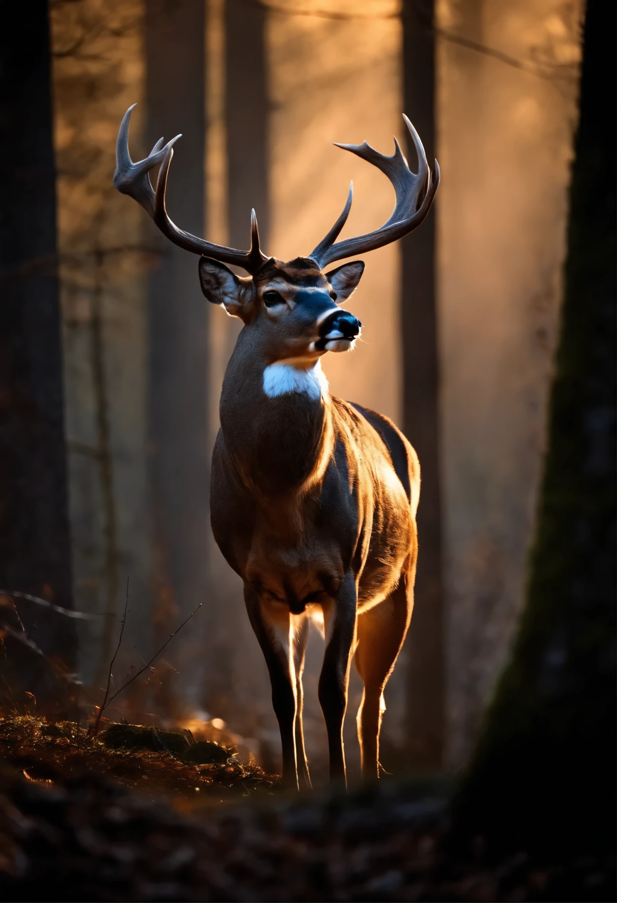 Large whitetail buck standing in sunbeams in a darkened forest