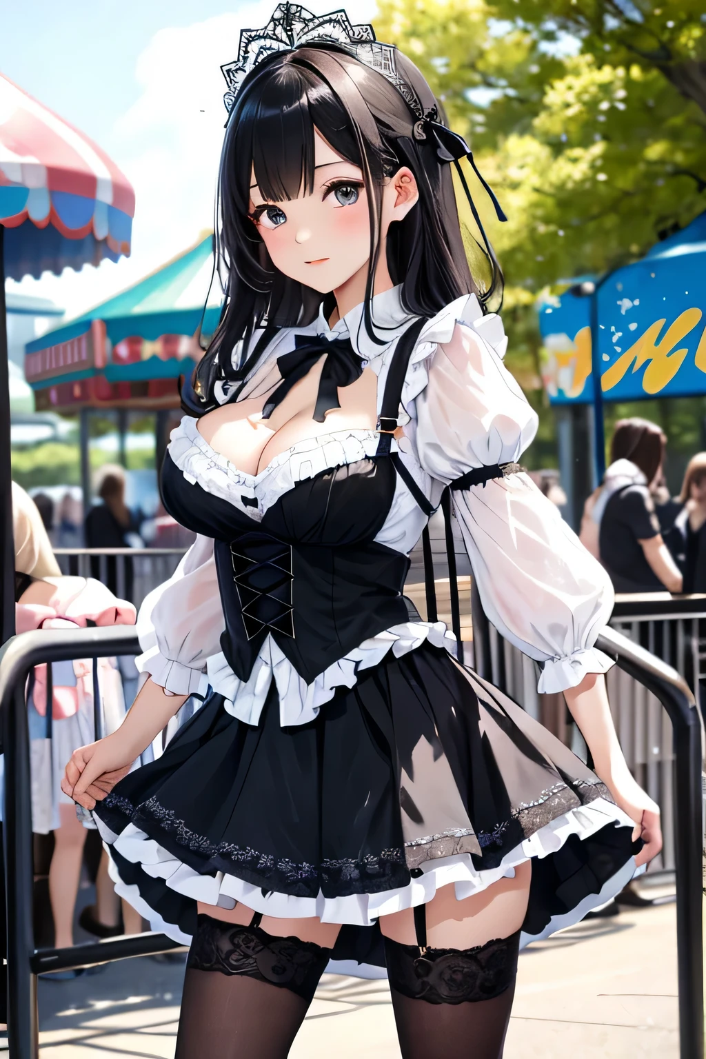 highest quality、High resolution、detailed background、(realistic:1.1)、Beautiful and dense face、beautiful and smooth skin、skin texture、cute10代の美少女、(two women:1.5)、(huge breasts:1.2)、perfect body line、Well-defined body、emphasize cleavage、legs open、黒髪のcute編込みツインテール、Floral embroidered panties、No bra、
(On an amusement park date, She lifts up her skirt and shows her panties with a troubled expression..:1.3)、
Mainly dresses and skirts with frills and lace、
Choosing dark colors such as black or red will emphasize the gothic atmosphere..、
Lace and ruffles are often used on dresses and skirts.、
By adding lace to the sleeves and the collar of the skirt,、, you can create both cuteness and gothic elements.、
Classic accessories are key、
lace gloves and ribbon、crown-shaped headdress、Cross Accessories、
To create a contrast with skirts and dresses、Choose black lace socks or fishnet stockings。.、
Also goes great with boots and merry-go-round shoes.、
Choose boots with lace or ribbon decorations or thick soles..、
cute、blush、panty shot、camel toe