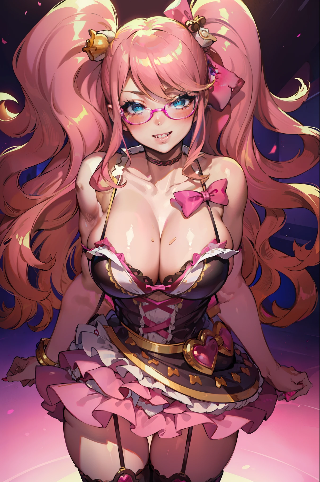 blush, smileglowing aura, natural light, masterpiece, glossy skin, juicy lips , ,sexy, hot, , cleavage, evil,juicy lips, bimbo, hour glass, blonde hair, wide eyes, green eyes, massive , dark lighting, long hair, pink bow, lplatform shoes, bow in hair, golden round glasses, sandy blonde hair, juicy lips, cowboy shot, ((pink bow)), dress, fangs, garter belt, very long hair