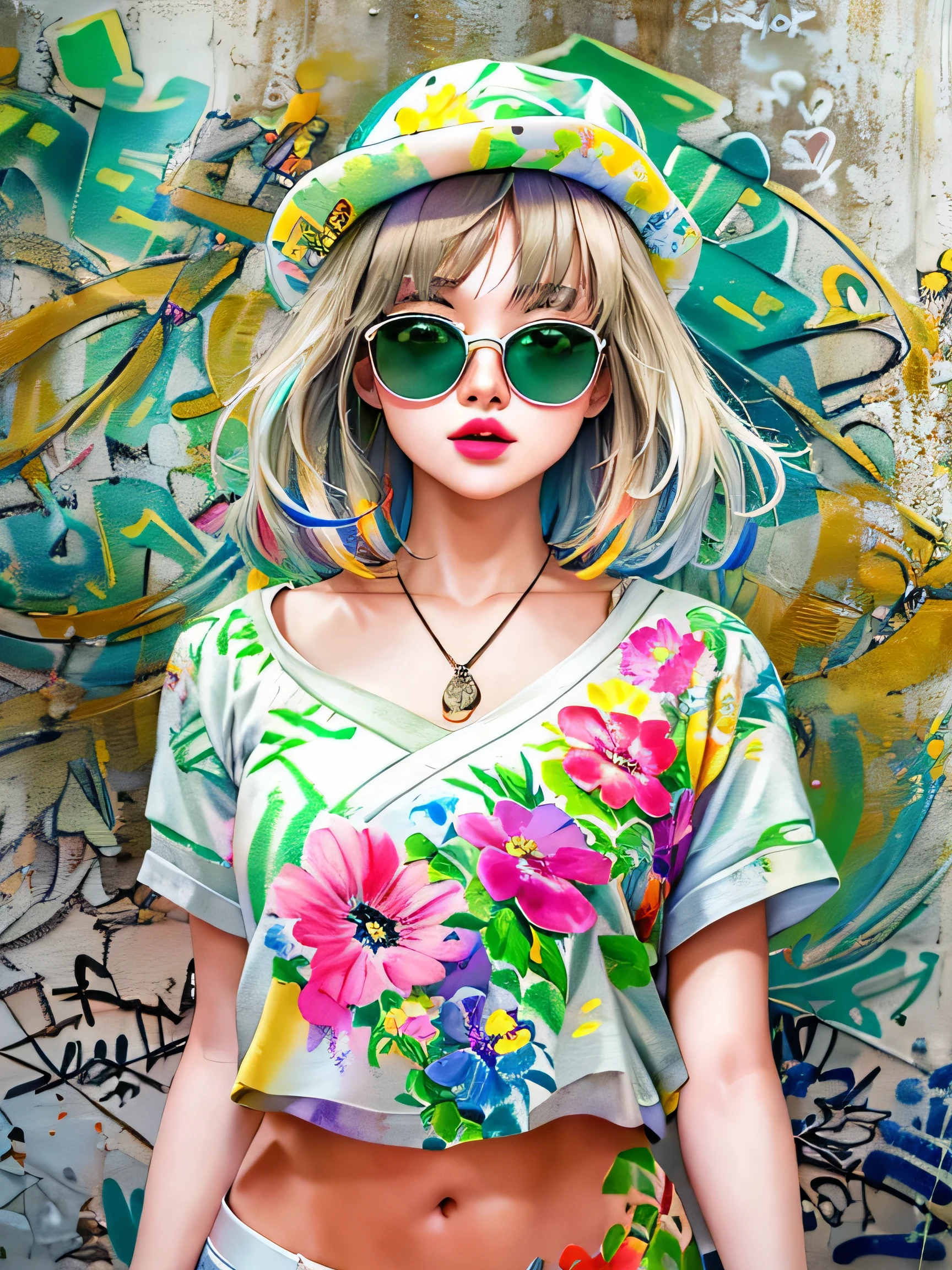 8K quality, watercolor painting, stylish design, (((The strongest beautiful girl of all time))), (((Japanese)))、Idol、clear, Stylish sunglasses, Fashionable hats, (((highest quality))), bob hair, lips in love, HDR, ((Detailed details)), stylish fashion, detailed clothing texture, (((graffiti art))), colorful hair, ((masterpiece))、((Super detailed))、(((colorful flowers)))、Navel exposure、I can see your nipples、Fashionable underwear