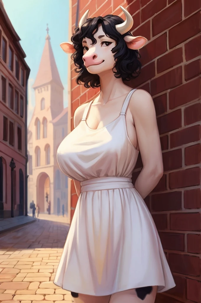 By bebebebebe, by lostgoose, by goonie-san, solo, female, bovine, cow, dairy cow, white fur, black spots, black hair, short hair, wavy hair, horns, pink nose, smiling, big breasts, slim, small waist, small hips, sundress, european city, brick road, hands behind back, happy, looking at viewer