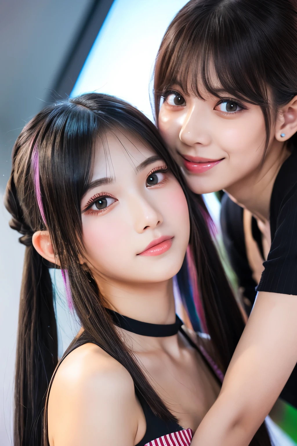 2girls,have a sword、back to back、striped hair,twin tail hair, mole under eye, mole under mouth, heart shaped eyes, long eyelashes, pink eyes, heart shaped choker、Full body Esbian、look at the audience、shy, blush, teeth, ear blush, nose blush,anime style, color field paint, ray tracing, bloom, one person'point of view, nffsw, award-winning, 16k, 最high quality, advanced details, high quality, table top, High resolution, Accurate, Super detailed