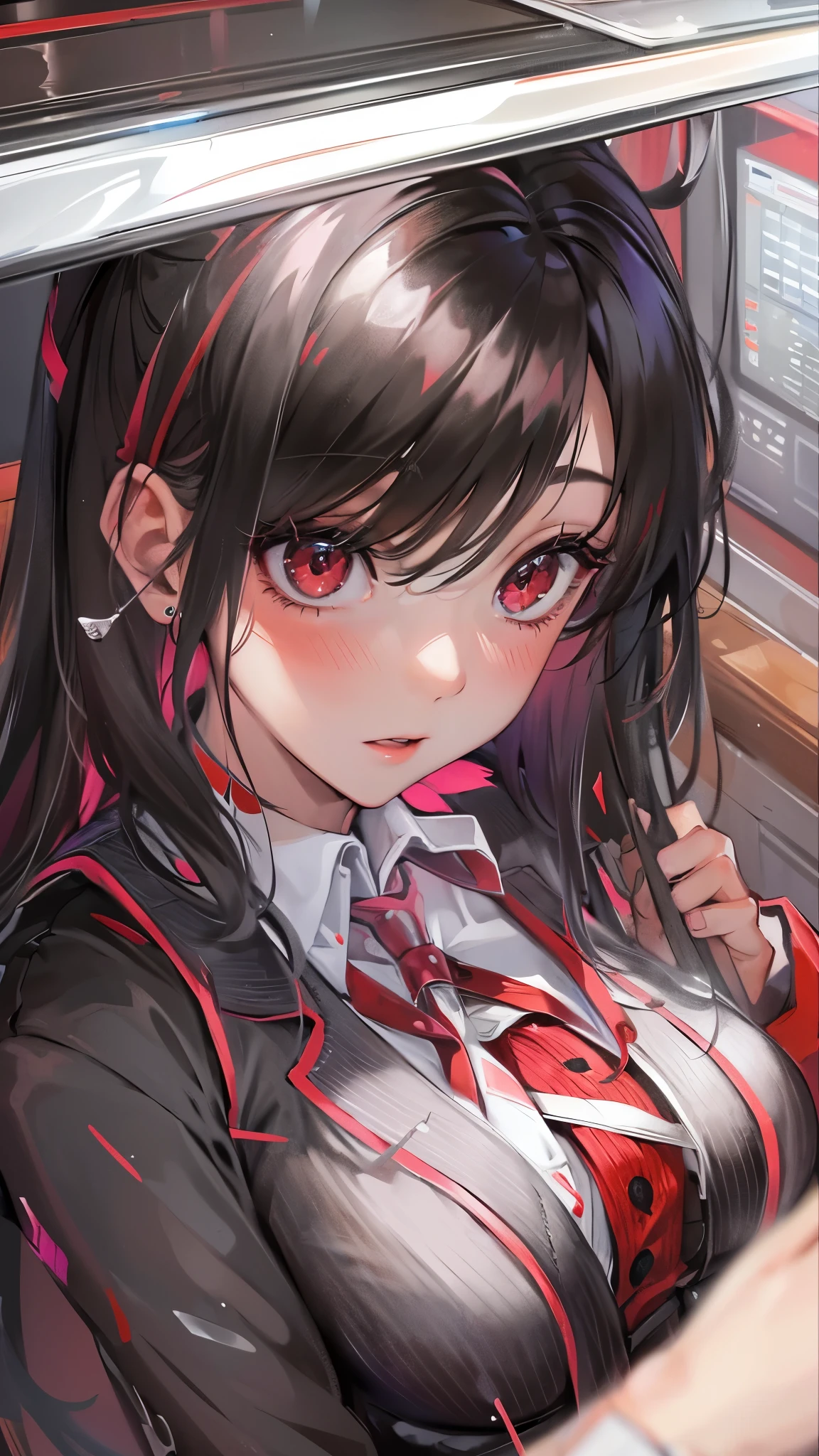 perfect anatomy, masterpiece:1.4, best quality, 8k, beautiful detailed grow, daydreaming expression, pov, looking up, (solo straight black hair long hair femdom cute girl, , detailed red eyes, blushing face, sexy glossy mouth, bigboobs), in a red school blazer, skirt, in the enchanted room.