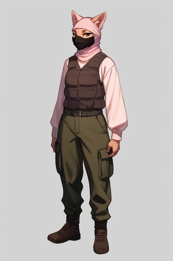 By bebebebebe, by lostgoose, by goonie-san, solo, female, standing, feline, (((balaclava, ears))), (white long sleeved shirt, light pink sweater vest), cargo pants, battlefield
