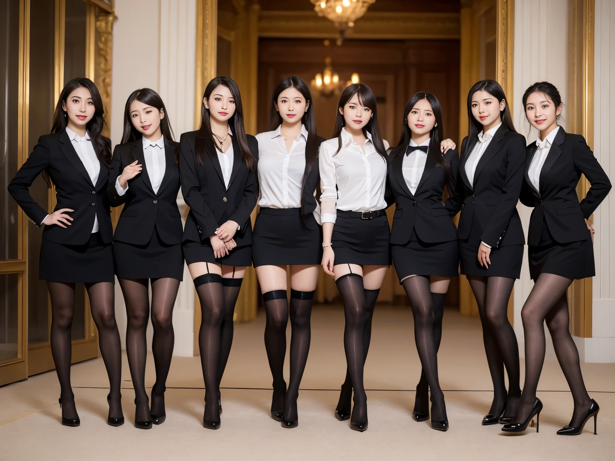 highest quality, figure, super detailed, finely, High resolution, 8k wallpaper, Perfect dynamic composition figure, beautiful and fine eyes, business suit elegant and sexy with stockings and high heels or high boots，natural color lip, smile、group of 18 year old girls，some of girls are white race and some of girls are asian race, Wearing black tights and stockings、plump thighs、ponytail, inside the room or inside the office or inside the palace hall