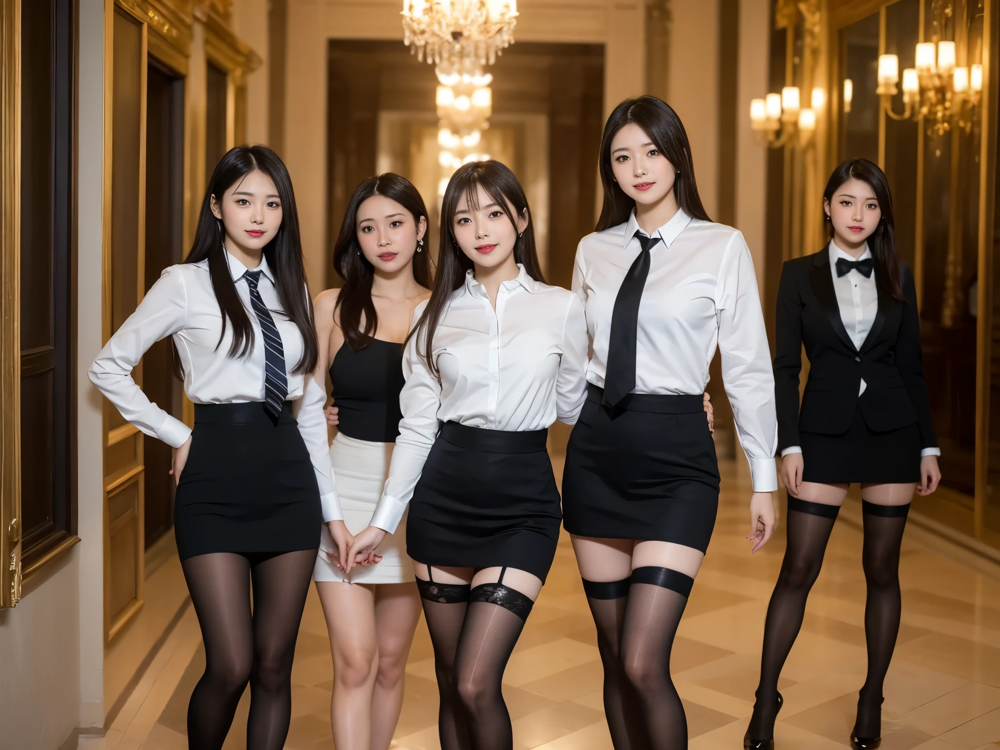highest quality, figure, super detailed, finely, High resolution, 8k wallpaper, Perfect dynamic composition figure, beautiful and fine eyes, business suit elegant and sexy with stockings and high heels or high boots,natural color lip, smile、group of 18 year old girls,some of girls are white race and some of girls are asian race, Wearing black tights and stockings、plump thighs、ponytail, inside the room or inside the office or inside the palace hall