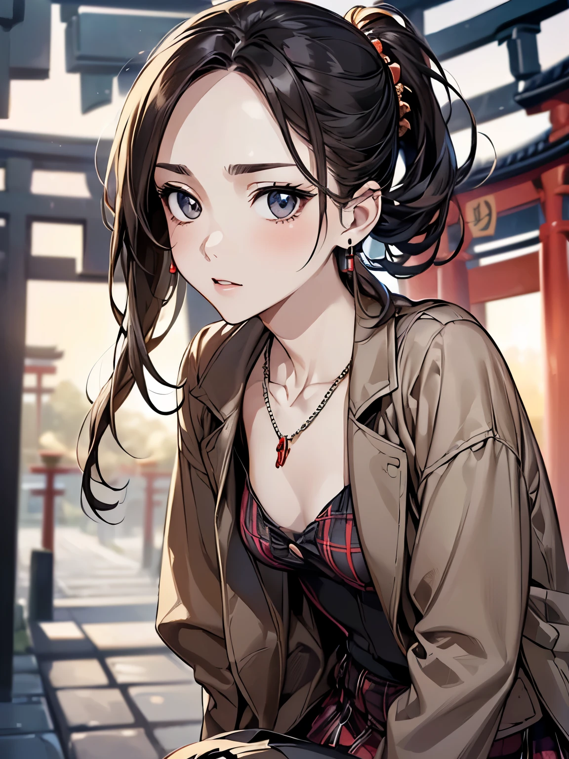 (Biologically correct limb count),Full body, including face,4K,Focus on the masterpiece face,Well-proportioned facial features,Delicate descriptive eyes,One beautiful woman,(Black shirt,red jacket,red plaid skirt),(Grin),Looking down,Photos with white borders,looking at the camera,Kiyomizu-dera Temple Walking,Walking down the stairs