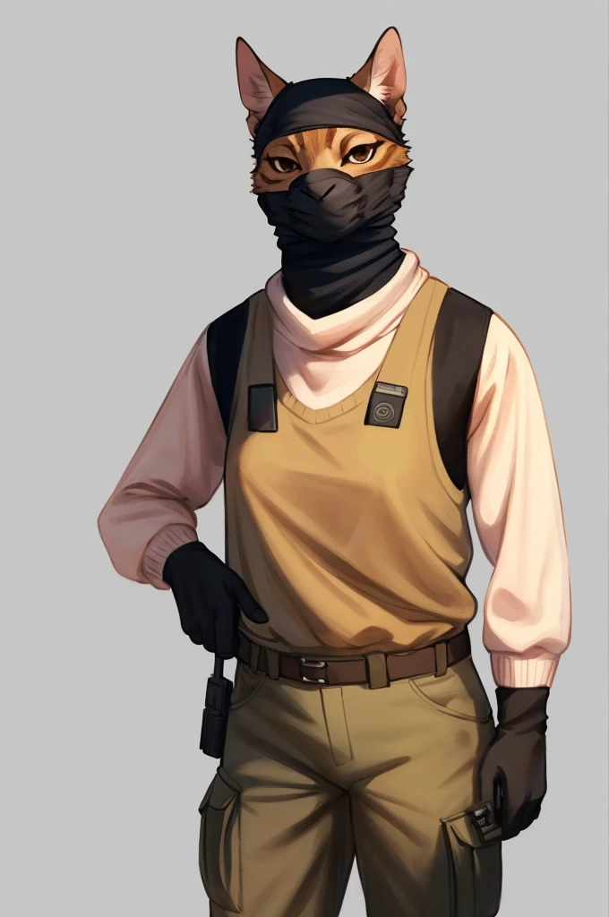 By bebebebebe, by lostgoose, by goonie-san, solo, female, standing, feline, black fur, brown eyes, smirking, (((balaclava, ears))), white long sleeved shirt, light pink sweater vest, black cargo pants, holding pistol, glock, holding glock, battlefield