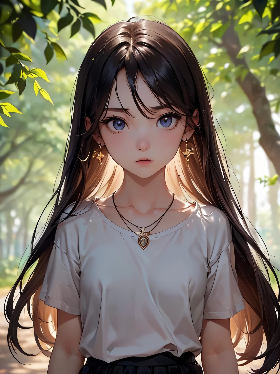 ((Biologically correct number of limbs))、((full body shot, Full body photo including face、head to toe photo))、standing position、[NSFW]、4K、masterpiece、((focus on the face))、((Symmetrical facial features))、Eyes of minute description、Beautiful woman、outstanding style、beautiful clavicle、beautiful legs、(small ass、thin thighs）、(high heels）、Detailed depiction of faces、small earrings、necklace、Close-up photo of the upper body、(Upper body T-shirt、lower body skirt）、Holiday morning park scenery、wood々hide and seek inside、