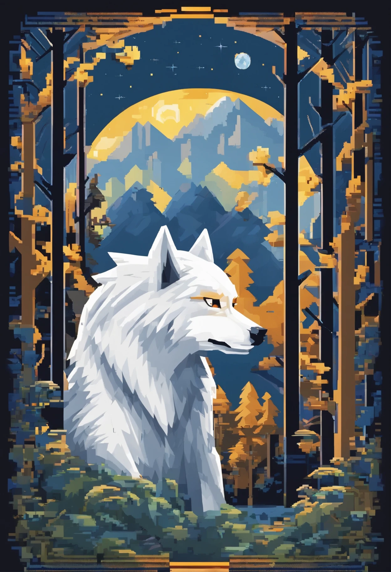 A cute white wolf sticker, golden eyes, a cute warrior , a full moon, a deep forest, and a mysterious image. It's night but it's bright