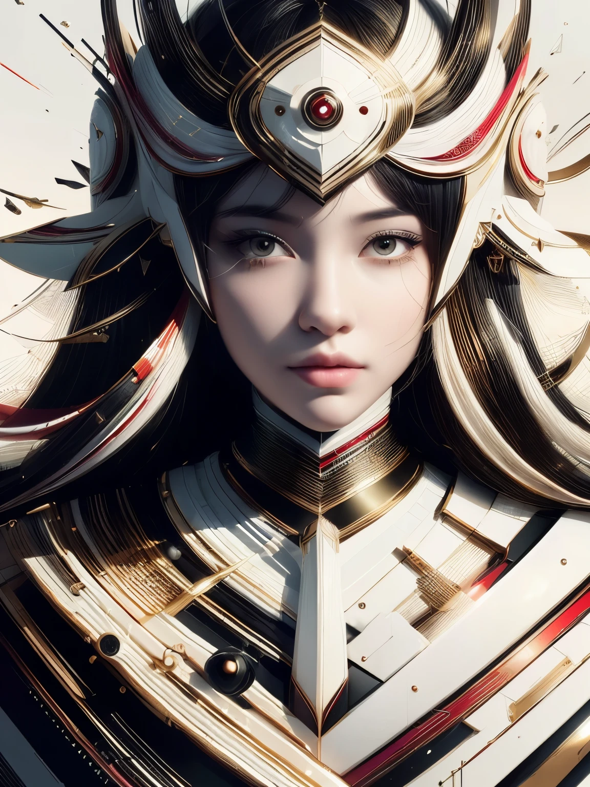 (high quality), (masterpiece), (detailed), 8K, Hyper-realistic portrayal of a futuristic (1girl1.2), Japanese character in an abstract composition featuring white, black, red, and gold accents. Meticulous details capture the dynamic interplay of colors and forms in this visually stunning composition. Trending on Artstation.