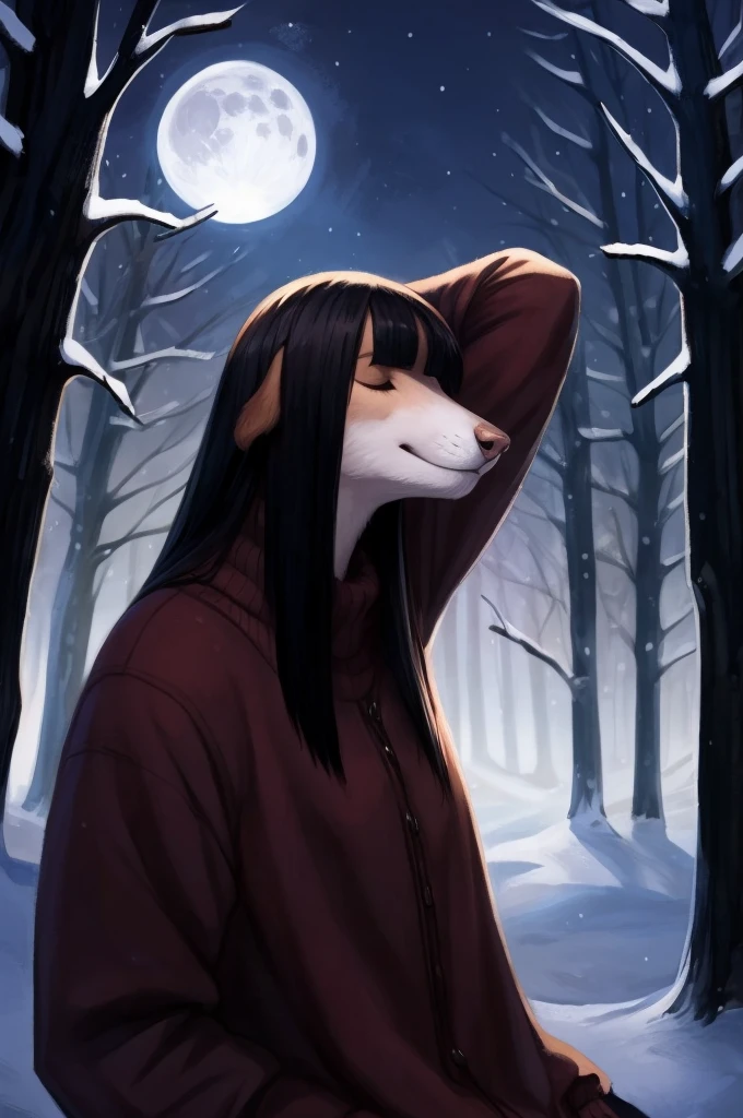 By bebebebebe, by lostgoose, by goonie-san, solo, female, canine, ((snout, hair covering eye, straight hair, medium hair, flat hair, thin snout)), black fur, dark maroon hair, big breastuscular), snow, nighttime, moon, dark forest, wearing a winter clothes, laying on her back, arms behind head, looking up at the sky, view from above, smiling