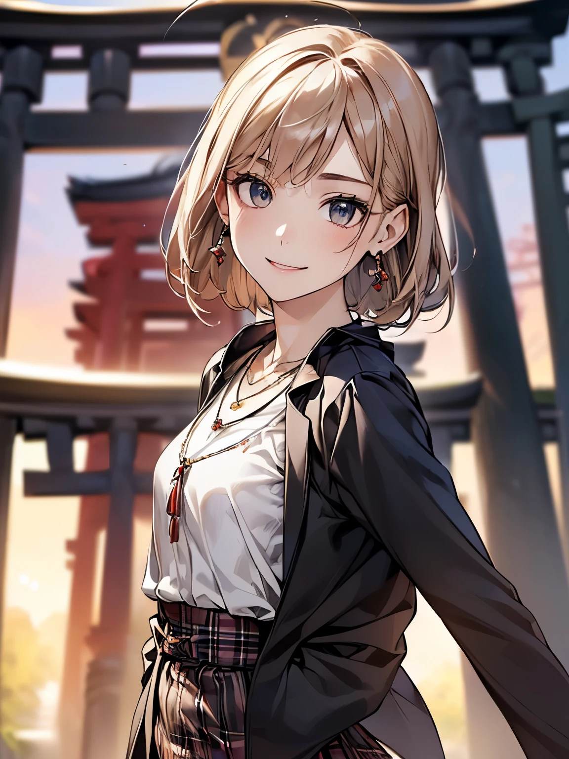 ((Biologically correct number of limbs))、(( full body photo、Photo including face from toes))、4K、masterpiece、((focus on the face))、((Symmetrical facial features))、Eyes of minute description、Beautiful woman、outstanding style、beautiful clavicle、beautiful legs、(small ass、thin thighs）、(black stockings、high heels）、Detailed depiction of faces、small earrings、necklace、Low - Angle、(Upper body shirt and jacket、Lower body plaid skirt）、The background is walking through the Senbon Torii gates at dusk.、upper body close-up、realistic pictures、(smile)、