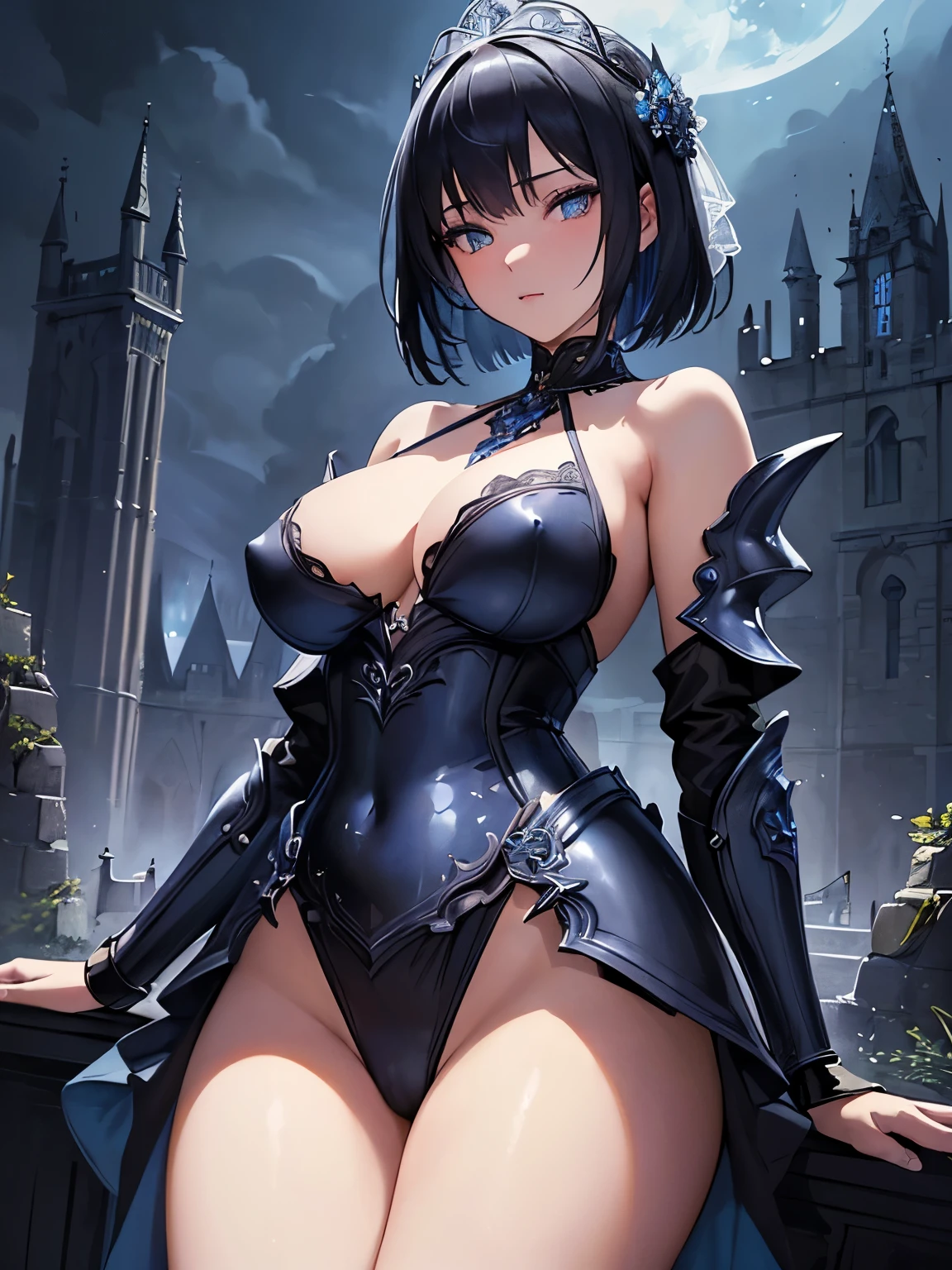 NSFW((masterpiece)), (((Best Quality))), ((Ultra-detailed)), (extremely detailed photo), ((extremely delicate and beautiful)),(Cute delicate face), (A 20 years old very dignified girl),(blue and black full armor) ,(Castle ruins in the night background), (holding a glowing weapon ) ,tall girl,black hair,short hair,solo,double eyelid,delicate skin,slender body shape,