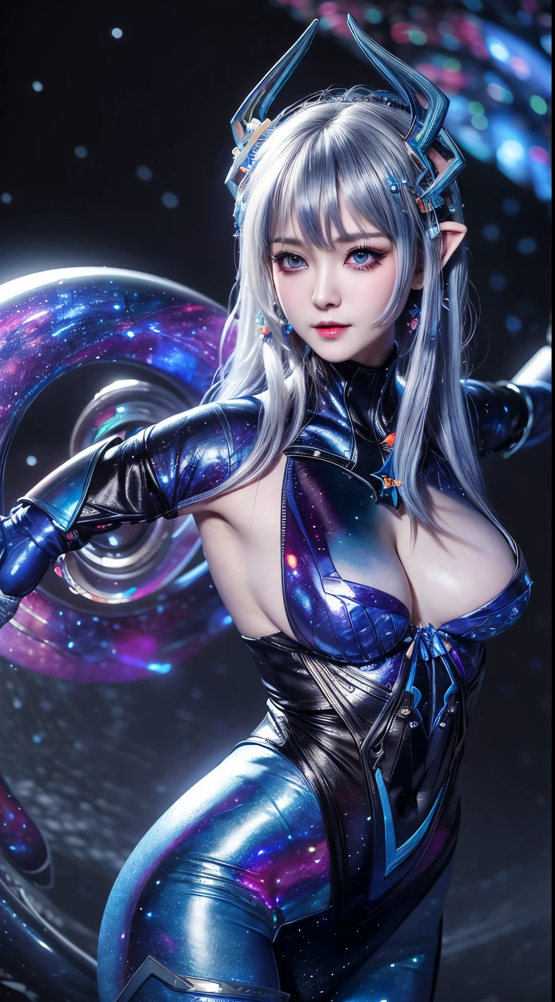 "1 Beautiful girl in traditional dress, ((Wearing a blue shiny tight suit:1.2)), 魔法发Light套装, beautiful cleavage, Long hair with bangs, Light blue mixed with white, ((most beautiful、The finest hair accessories:1.8)), Super cute little face, extremely pretty face, It has two beautiful galaxy blue horns on its head, thin eyebrows, most beautiful、The most perfect face, ((dark circles pupils:0.8)), very beautiful eyes, ((Silvery-brown eyes:1)), Eyeshadow makeup is full of moisture，Extremely eye-catching, Furry beautiful detailed makeup eyelashes, Slim, Well-proportioned limbs, high nose, earrings,thin lips, Light red lips, No laughing, beautiful lips, slender arms, most beautiful的大腿, healthy limbs, rosy face, clean face, Beautiful face without blemishes, Light滑白皙的皮肤, ((Both breasts are very round and big: 1.6)), ((Put girl&#39;s arms behind her back:1.5)), Full body of a beautiful girl, 8K photo, super high quality, Surreal, 10x super pixels, 實際photo, dark studio, border Light, two-tone Lighting color, (High detail skin: 1.2), 8K ultra, soft Light, high quality, volumetric Light, frank, photo, High resolution, Light, 最好的photo, 4K quality, 8K, Bokeh, Light滑锐利, 10x imageization, (Galaxy space background: 1.7), 极Light, Lightning, super graphics, The most realistic graphics, alone, alone, ((portrait:1.6)), extremely sharp, surreal image."