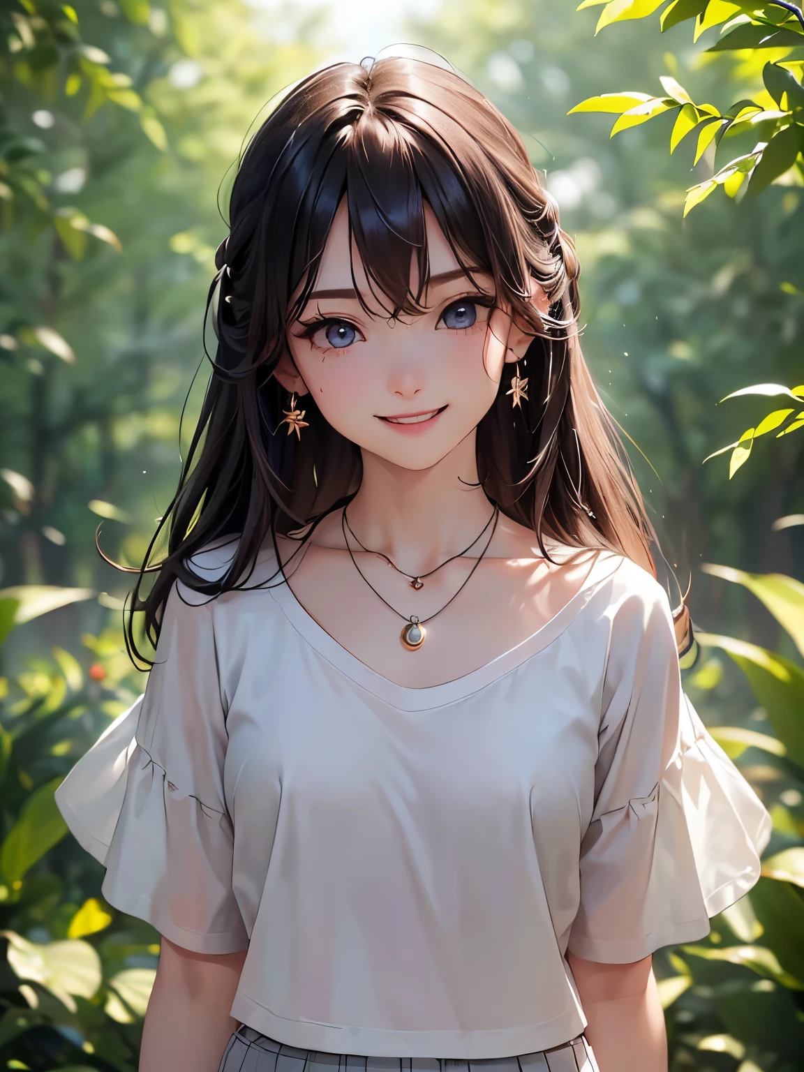 ((Biologically correct number of limbs))、((full body shot, Full body photo including face、head to toe photo))、standing position、[NSFW]、4K、masterpiece、((focus on the face))、((Symmetrical facial features))、Eyes of minute description、Beautiful woman、outstanding style、beautiful clavicle、beautiful legs、(small ass、thin thighs）、(high heels）、Detailed depiction of faces、small earrings、necklace、Close-up photo of the upper body、(Upper body T-shirt、lower body skirt）、Holiday morning park scenery、wood々hide and seek inside、A happy smile、I&#39;m feeling good、sweating