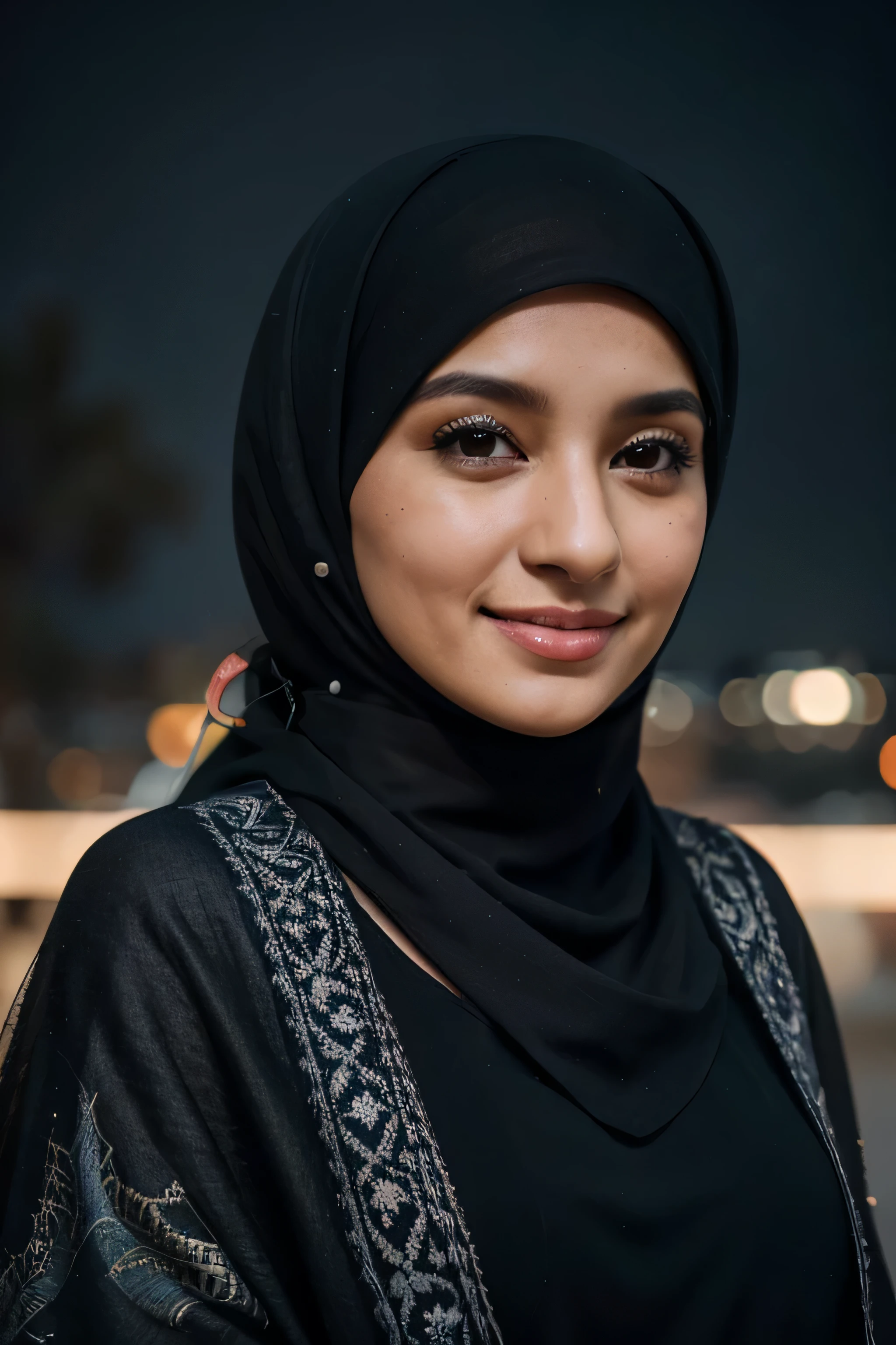 Photo of a hyperdetailed potrait, smile, sharp nose, Beautiful turkey muslim with hijab natural turkey Woman, pashmina black hijab and black dress [jungle|field], Stars in the sky, soft focus, dmt, film grain, Sony Gmaster Lense, F/2.8 bokeh