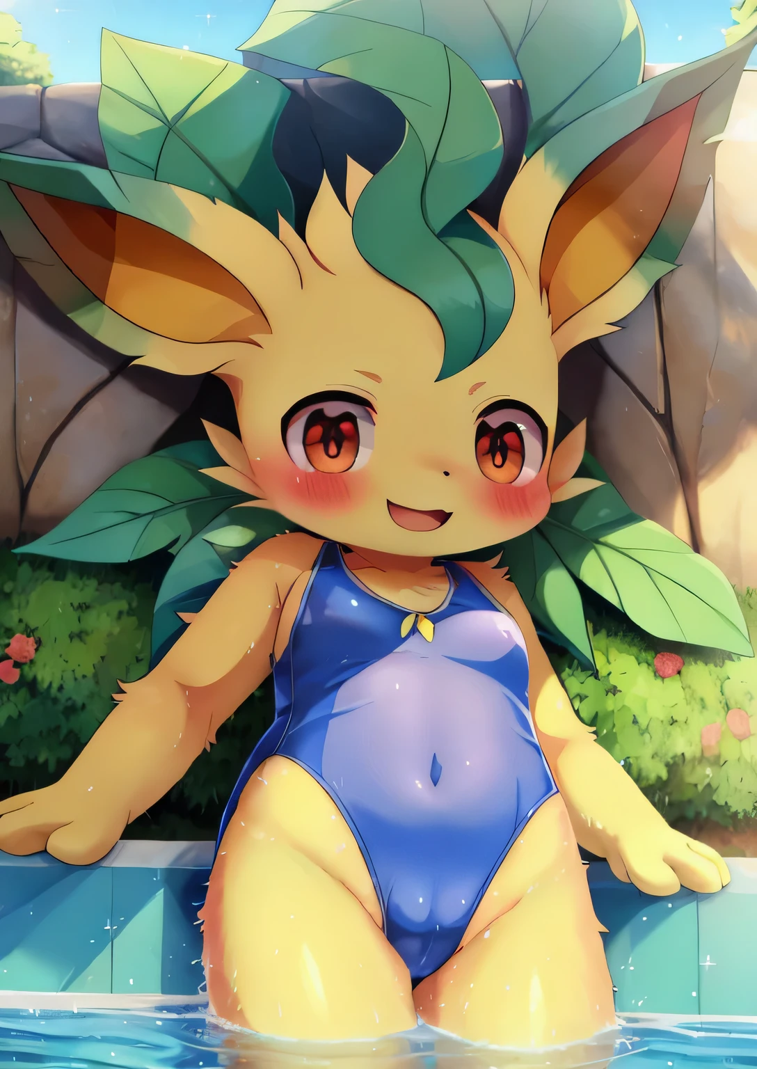 female, solo, pokemon (species), eeveelution, leafeon, multi colored fur, fluffy, hires, detailed, anime, kemono, dagasi, pool, detailed background, beautiful detail, sparkles, pixiv, cute kawaii, camel toe, white one piece swimsuit, big smile, anthro, Masturbation, (hand rubbing crotch), (lying in the water),